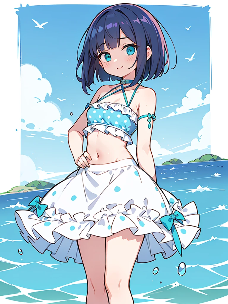 a girl standing in shallow ocean water under a clear blue sky. She has a sun-kissed complexion and a deep violet bob cut hair. She is wearing a two-piece swimsuit with a strap around the neck; the top is bandeau-style with a halter neck strap, featuring a aqua bule color with white polka dots. The top has a sweetheart neckline, accentuated with a small frilly detail along the edge, and it is underwired, providing structure. The matching bottoms have a similar frilly detail along the waistline. Her posture is relaxed yet playful as she gently touches her midriff with both hands, and she offers subtle smile, her head tilted slightly to the side, adding a sense of approachability to her demeanor, high contrast, clean lines, digital painting, vivid colors