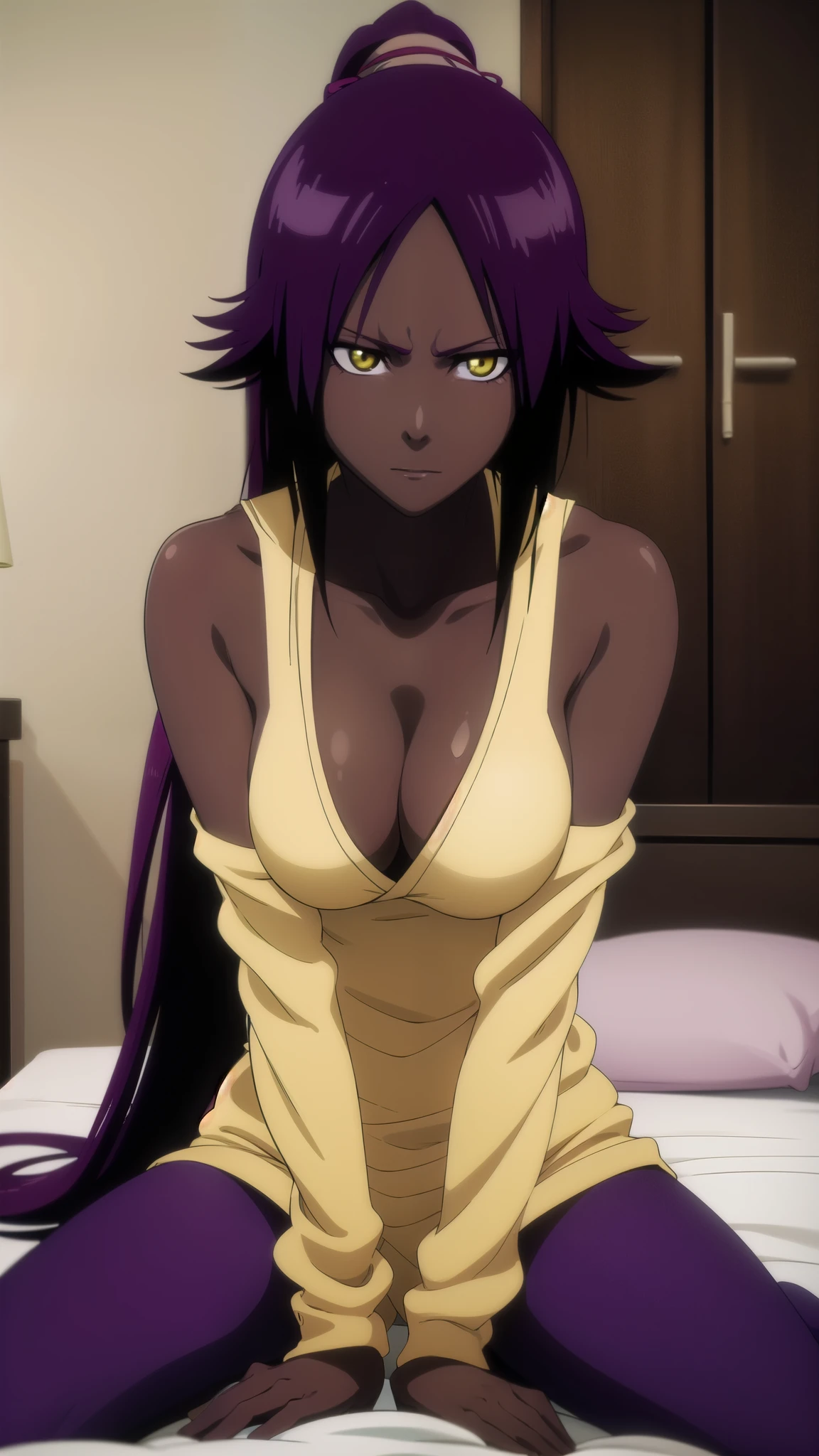 erotic girl, depth of field, cinematic lighting, realism, full body, dark skin, brunette skin tone, yellow eyes, 1girl, Yoruichi_Bleach, yellow eyes, ((Yoruichi Shihouin)), in her room, wearing colorful purple pajamas, cleavage, deep cleavage, perfect eyes, masterpiece, best quality, 4K, HDR, cinematic lighting, Yoruichi_Bleach, photorealistic,