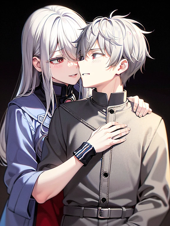 A boy fox with grey hair and red eyes, with extremely detailed facial features and an evil smile. He is wearing casual clothes. Next to him, there is a girl fox with silver hair, who has a feminine appearance and blushing cheeks. They are getting close to each other for a kiss. The image is of the highest quality, with an 8k resolution, and it is ultra-detailed. The color palette is rich and vivid. The scene is illuminated by studio lighting, creating dramatic and contrasting shadows. The overall style of the artwork is a mixture of illustrations and portraits, highlighting the intricate details of the characters.