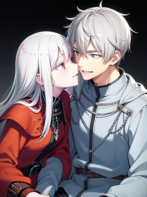 A boy fox with grey hair and red eyes, with extremely detailed facial features and an evil smile. He is wearing casual clothes. Next to him, there is a girl fox with silver hair, who has a feminine appearance and blushing cheeks. They are getting close to each other for a kiss. The image is of the highest quality, with an 8k resolution, and it is ultra-detailed. The color palette is rich and vivid. The scene is illuminated by studio lighting, creating dramatic and contrasting shadows. The overall style of the artwork is a mixture of illustrations and portraits, highlighting the intricate details of the characters.