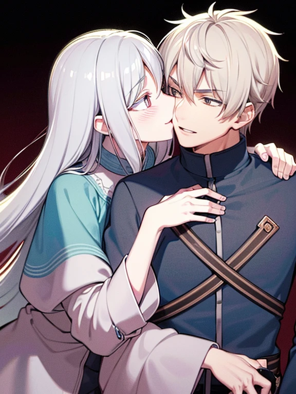 A boy fox with grey hair and red eyes, with extremely detailed facial features and an evil smile. He is wearing casual clothes. Next to him, there is a girl fox with silver hair, who has a feminine appearance and blushing cheeks. They are getting close to each other for a kiss. The image is of the highest quality, with an 8k resolution, and it is ultra-detailed. The color palette is rich and vivid. The scene is illuminated by studio lighting, creating dramatic and contrasting shadows. The overall style of the artwork is a mixture of illustrations and portraits, highlighting the intricate details of the characters.