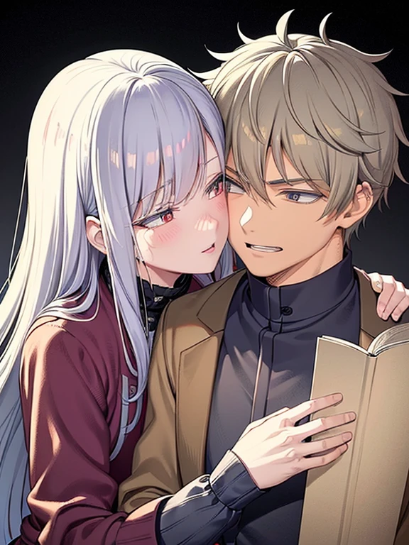 A boy fox with grey hair and red eyes, with extremely detailed facial features and an evil smile. He is wearing casual clothes. Next to him, there is a girl fox with silver hair, who has a feminine appearance and blushing cheeks. They are getting close to each other for a kiss. The image is of the highest quality, with an 8k resolution, and it is ultra-detailed. The color palette is rich and vivid. The scene is illuminated by studio lighting, creating dramatic and contrasting shadows. The overall style of the artwork is a mixture of illustrations and portraits, highlighting the intricate details of the characters.