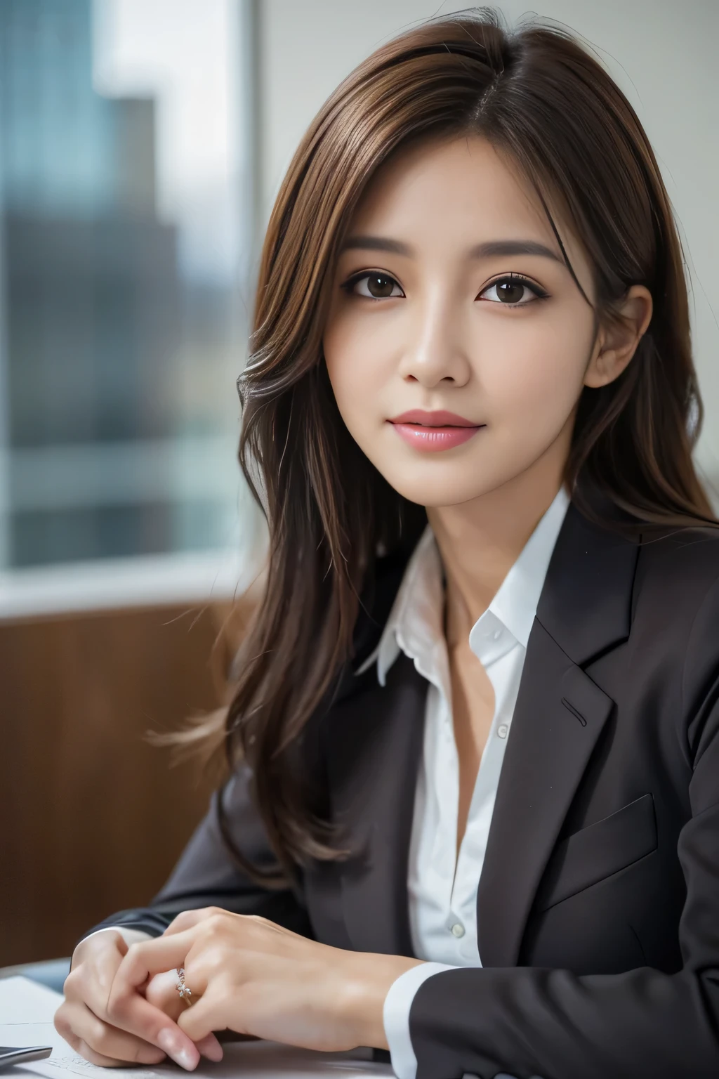 table top, highest quality, realistic, Super detailed, finely, High resolution, 8k wallpaper, 1 beautiful woman,, light brown messy hair, wearing a business suit, sharp focus, perfect dynamic composition, finely beautiful eyes, thin hair, Detailed and realistic skin texture, smile, close-up portrait, model body shape