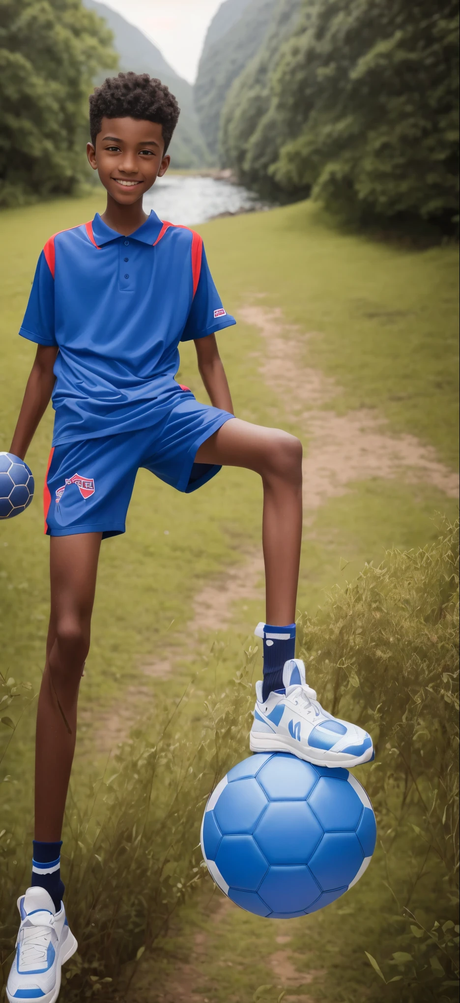 14 year old boy,(Wearing a blue tennis suit,Feet wearing red socks),dark skin,Big round eyes,very short hair,Tall and skinny,toothy smile,There are stars in the sky,There is a starry universe above my head,galaxy,by the river