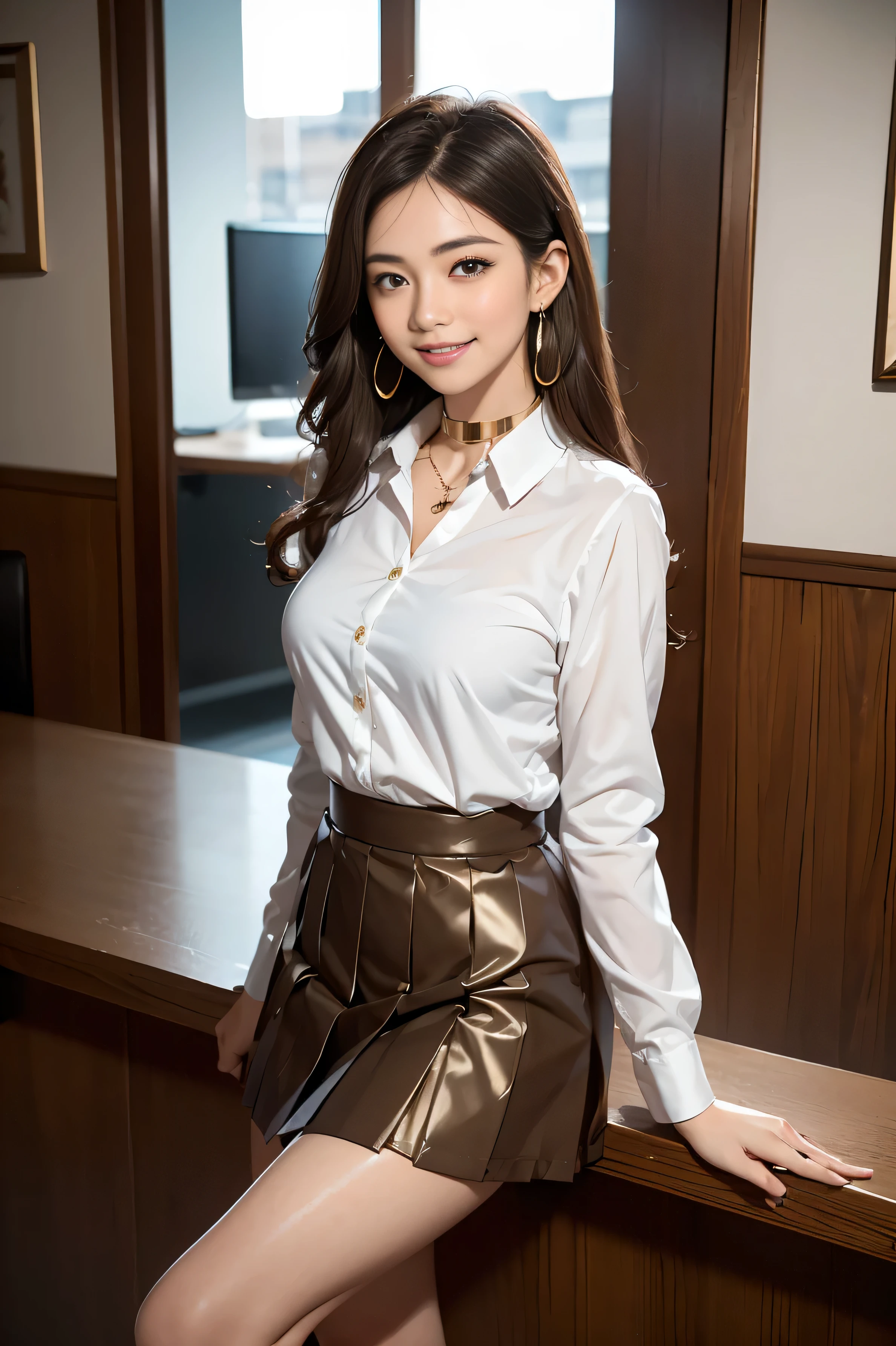 (masterpiece:1.3), high resolution, ultra detailed, extremely detailed CG unity 8k wallpaper, realistic, photo-realistic, RAW photo,beautiful detailed face, pale skin, realistic glistening skin, detailed cloth texture, detailed hair texture, Perfect body, Beautiful Face, accurate, Anatomically correct, Highly detailed face and skin texture, natural neck length, (beautiful hands), (fair skin:1.2), Thin legs, Thin feet, Detailed eyes, symmetric eyes, Light Brown eyes, Double eyelids, Thin eyebrows, (Glossy lips:1.4), ((gently smile:1.2)), (blush:1.1),(highest quality, masterpiece, photo-realistic, super detailed, ultra high resolution, born:1.3), (3 girls:1.3), beautiful, Japanese, mature, 28yo, office workers, (smile), (bangs), (office, indoor, corridor), (long legs, high heels, full body:1.2), (big breasts:1.3), (crowd)((white long sleeve button up blouse_with collar_Remove up to the second button_brown pleated mini skirt:1.3)),((Super long brown hair:1.2))((Hair with loose waves inside:1.2)),((shy smile:1.3)),((gold necklace_Large earrings:1.2)),