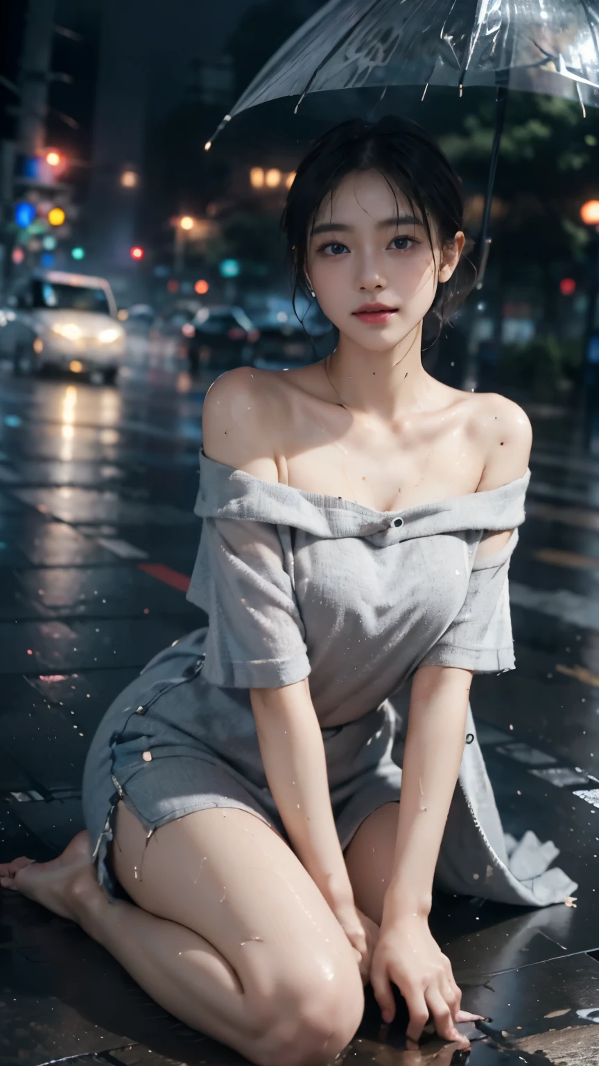 Young Japanese woman standing, ((on the city street)), ((fully clothed)), ((off-the-shoulder t-shirt dress)),((bare foot)), blonde with short hair, slim build, two tone color hair, mid-afternoon, grayish, cloudy, detailed background, dark, busy street, crowded street, cinematic, pessimistic, masterpiece, best quality, RAW photos, closely, enlargement, realistic, ((View viewer)), catch yourself, transparent, dripping, 아름다운 realistic 사진, surreal fantasy photo, enlargement, solid frame, 8 thousand, very detailed, detailed skin, blue eyes, dark skin, ((souse)), ((soggy)), (falling water), sagging clothes, wet street, Everything is wet, wet, dripping hair, angle of view, (Posing for a photo) portrait, enlargement, floor angle, Fog, ((heavy rain)), ((hazy rain)), rain on your face, wet face, shallow depth of field