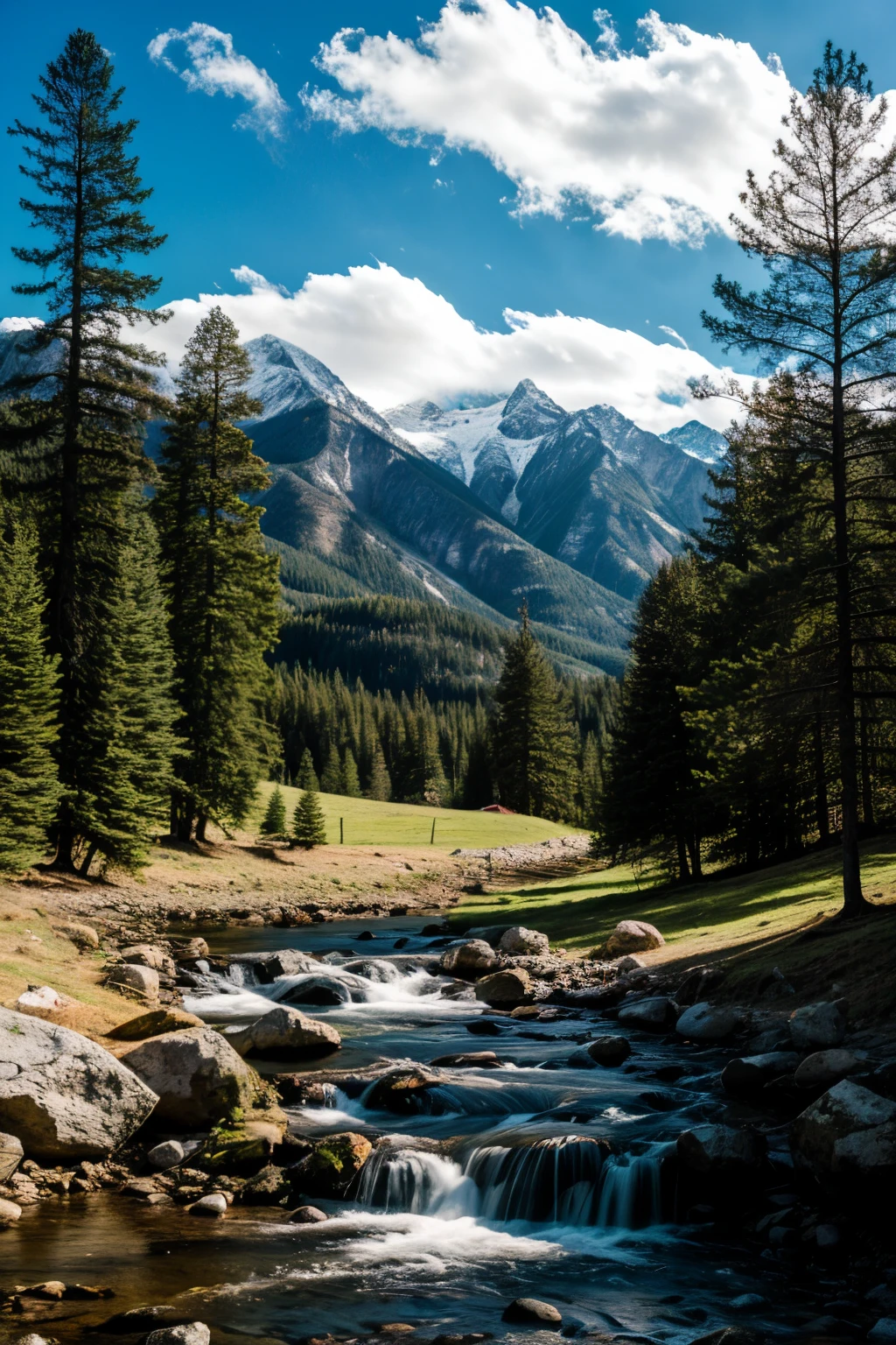 Landscape with mountains, stream, pine trees and clouds