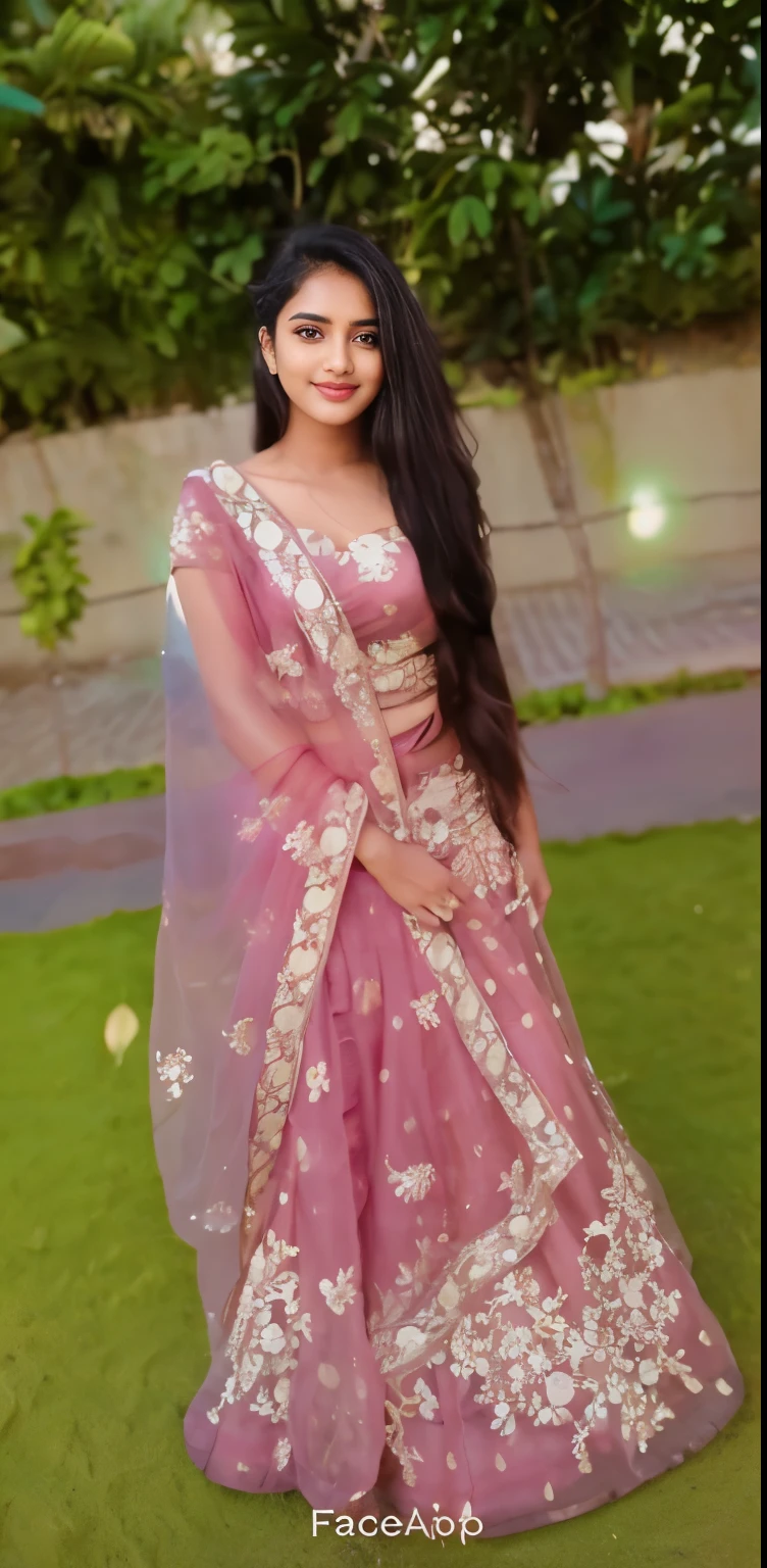Tamil girl, 18 year old, mischievous smile, black and gold off shoulder choli, long skirt, round deep navel, 36D, in a beach, sea waves palm trees setting sun in the background, soothing colors with intricate details, realistic face, realistic body