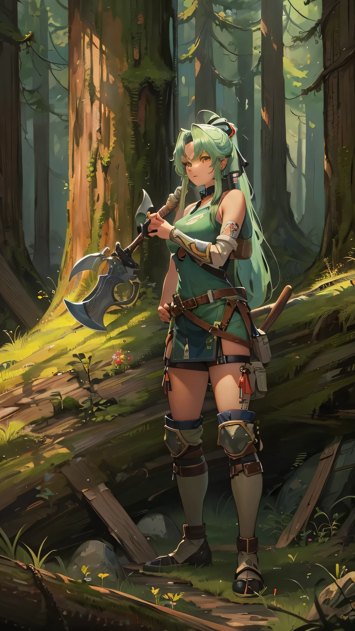 perfect anatomy, masterpiece:1.4, best quality, 8k, beautiful detailed grow, ((in the Cedar Forest)), (woodcutter style) (hand holding detailed big Steel-ax gripping detailed big ax in hand) (solo Ponytail green hair long hair cute girl, 15 yo, cute yellow eyes, serious face), break, (((Slamming an big ax))) ((hit effect)), Fallen cedar.