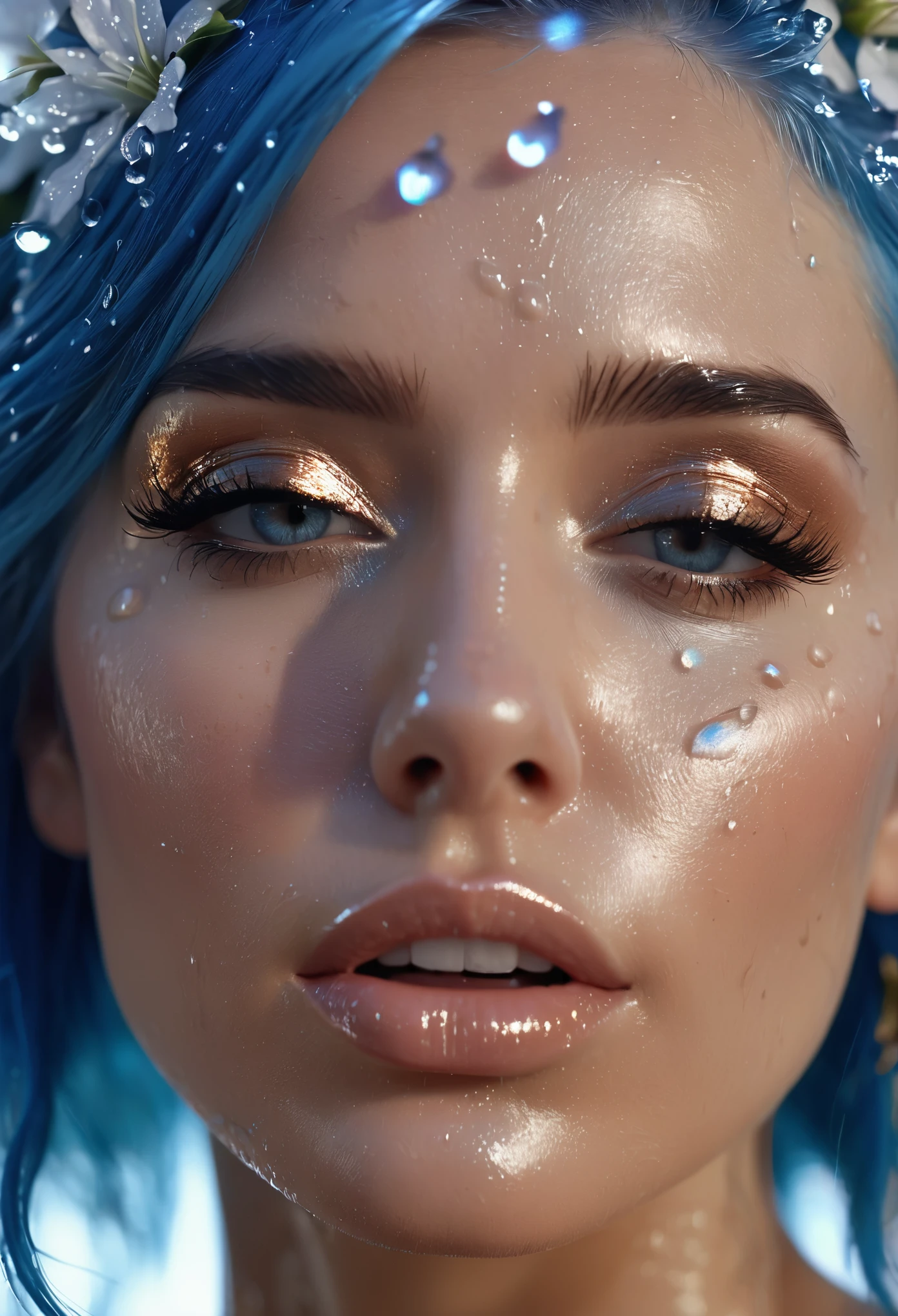 a close up of a woman with blue hair and a flower in her hair, makeup. unreal engine, wet shiny skin, slightly tanned, close up of a blonde woman, captivating glowing lights, bronze face, inspired by Petros Afshar, portrait of nordic girl, tears running down face, 4 k editorial photograph, glossy photo,flat chested,pov, Orgasm and passion on the face, excited lips,orgasmface, Beejay