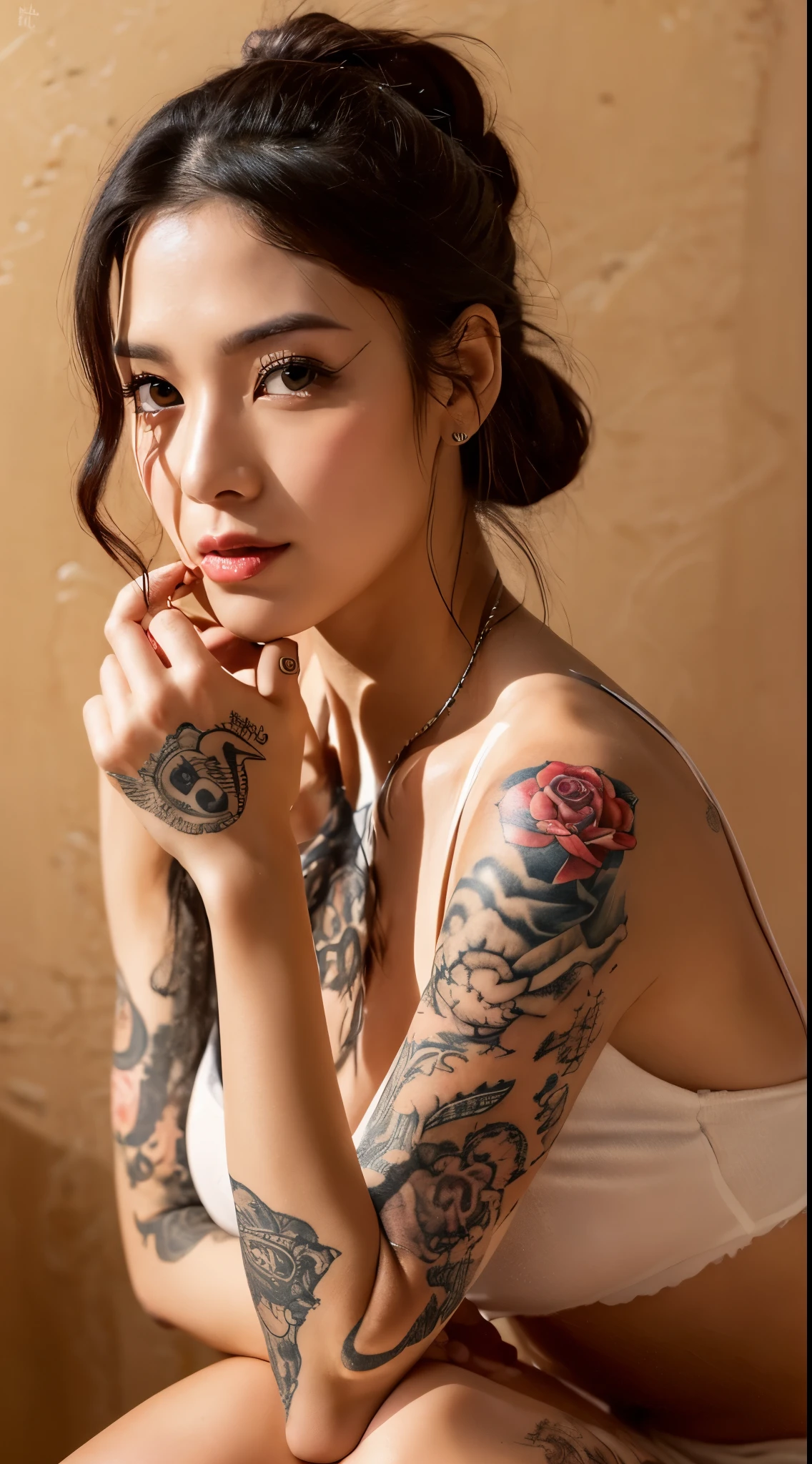 Naked、With beautiful 、The depiction of the skin is very beautiful.、medium boobs、Red Rose Tattoo
