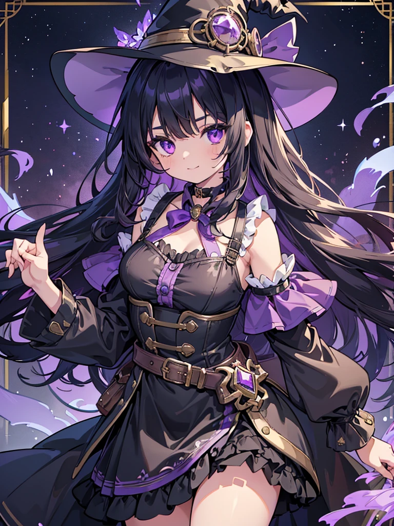 young female character with a magical or fantasy theme. She has short, ruffled black hair with violet hues at the tips and two front locks that frame her face. Her eyes are large and have vibrant orange and yellow irises with light reflections, giving them a gem-like appearance. She wears a large, wide-brimmed purple hat adorned with golden gears and violet ribbons, suggesting a touch of steampunk influence. Her attire is predominantly black with purple accents, including a ribbon choker around her neck. A purple, star-shaped gem is prominently displayed at the center of her chest. She has puffed sleeves and a black bodice with purple buttons. A golden belt with a round buckle cinches her waist, and violet ribbons hang down from it. Her pose is playful as she gently touches her cheek with one finger, smiling subtly as if inviting onlookers into a secret or game. Her overall appearance combines elements of a witch or a sorceress with a modern, stylish twist.
