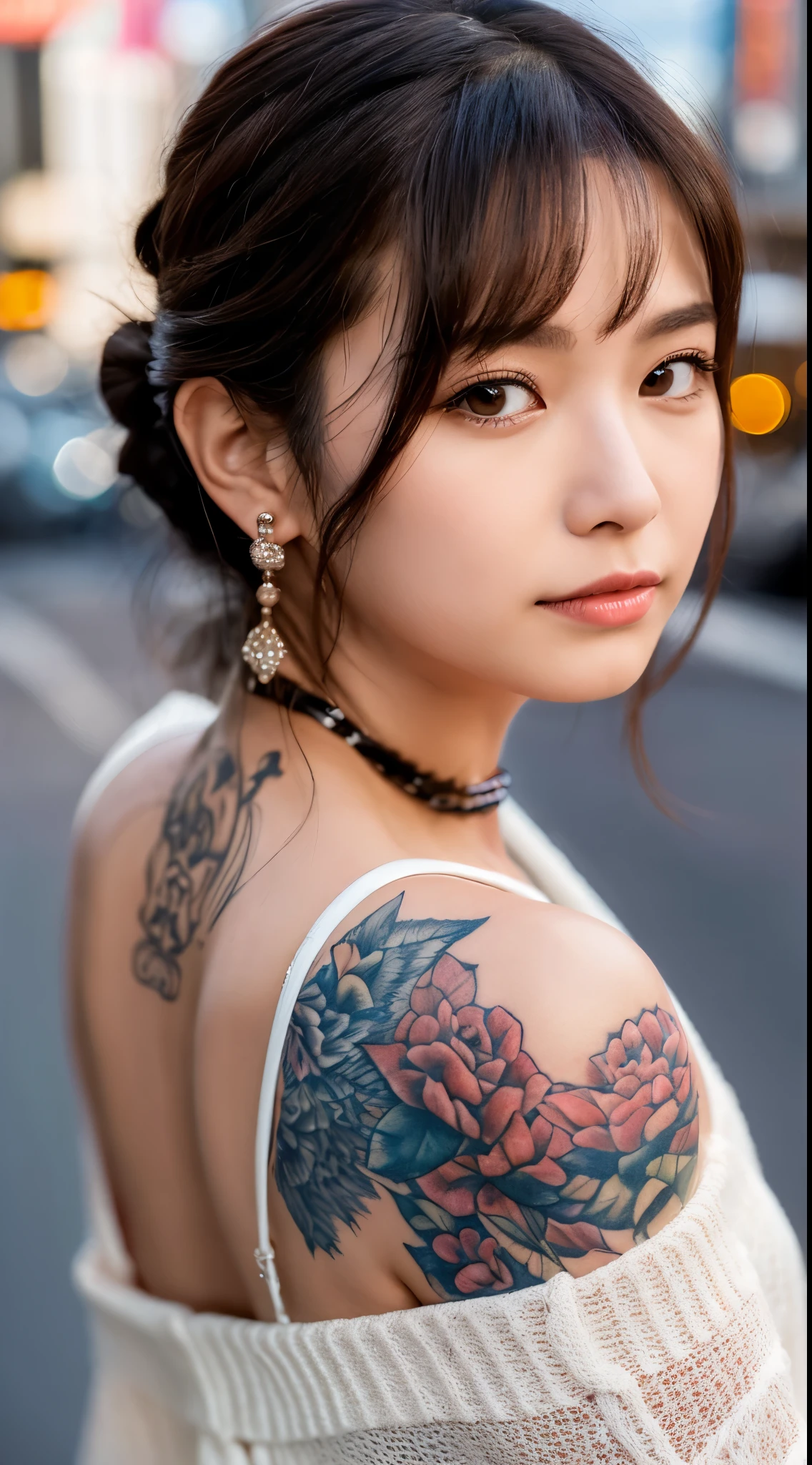 Portrait photography in Los Angeles、Woman with tattoos all over her body、An ultra-high picture quality、Japan tattoo、An ultra-high picture quality、8K、16 K、RAW image quality、Tattoos on both arms and neck、