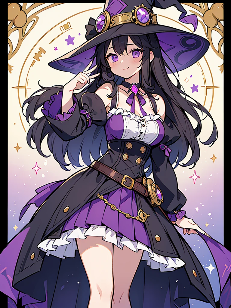 young female character with a magical or fantasy theme. She has short, ruffled black hair with violet hues at the tips and two front locks that frame her face. Her eyes are large and have vibrant orange and yellow irises with light reflections, giving them a gem-like appearance. She wears a large, wide-brimmed purple hat adorned with golden gears and violet ribbons, suggesting a touch of steampunk influence. Her attire is predominantly black with purple accents, including a ribbon choker around her neck. A purple, star-shaped gem is prominently displayed at the center of her chest. She has puffed sleeves and a black bodice with purple buttons. A golden belt with a round buckle cinches her waist, and violet ribbons hang down from it. Her pose is playful as she gently touches her cheek with one finger, smiling subtly as if inviting onlookers into a secret or game. Her overall appearance combines elements of a witch or a sorceress with a modern, stylish twist.
