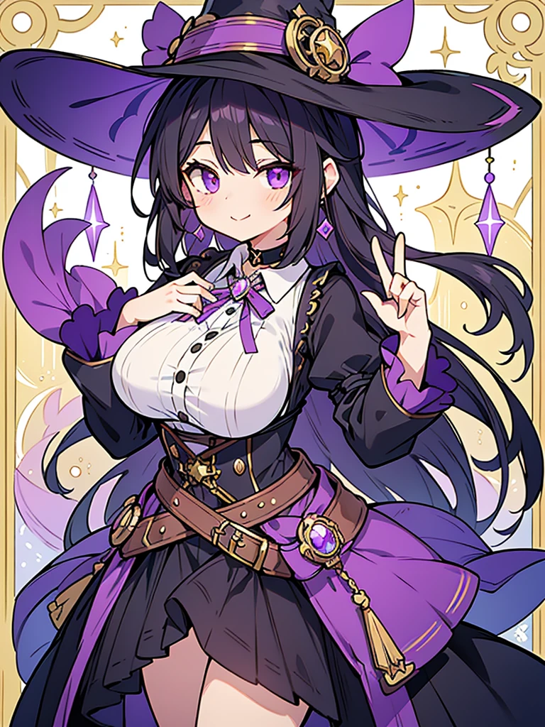 young female character with a magical or fantasy theme. She has short, ruffled black hair with violet hues at the tips and two front locks that frame her face. Her eyes are large and have vibrant orange and yellow irises with light reflections, giving them a gem-like appearance. She wears a large, wide-brimmed purple hat adorned with golden gears and violet ribbons, suggesting a touch of steampunk influence. Her attire is predominantly black with purple accents, including a ribbon choker around her neck. A purple, star-shaped gem is prominently displayed at the center of her chest. She has puffed sleeves and a black bodice with purple buttons. A golden belt with a round buckle cinches her waist, and violet ribbons hang down from it. Her pose is playful as she gently touches her cheek with one finger, smiling subtly as if inviting onlookers into a secret or game. Her overall appearance combines elements of a witch or a sorceress with a modern, stylish twist.