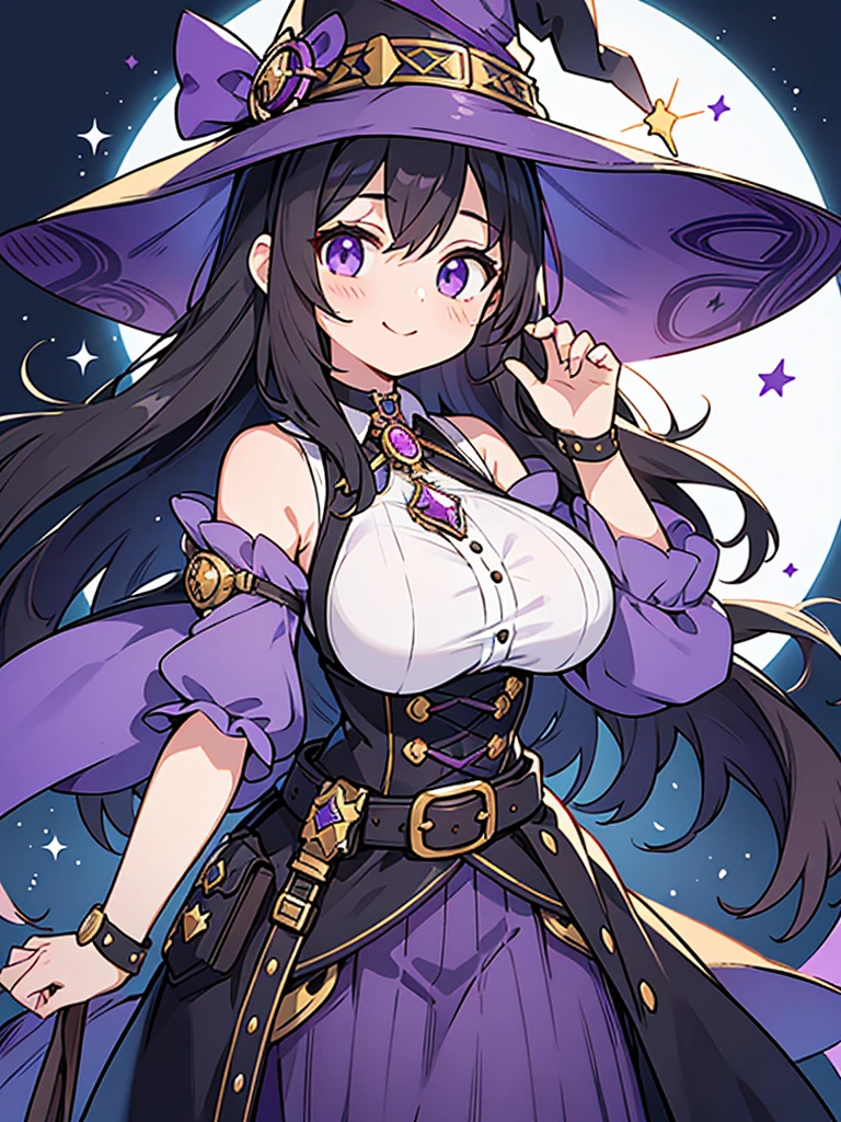 young female character with a magical or fantasy theme. She has short, ruffled black hair with violet hues at the tips and two front locks that frame her face. Her eyes are large and have vibrant orange and yellow irises with light reflections, giving them a gem-like appearance. She wears a large, wide-brimmed purple hat adorned with golden gears and violet ribbons, suggesting a touch of steampunk influence. Her attire is predominantly black with purple accents, including a ribbon choker around her neck. A purple, star-shaped gem is prominently displayed at the center of her chest. She has puffed sleeves and a black bodice with purple buttons. A golden belt with a round buckle cinches her waist, and violet ribbons hang down from it. Her pose is playful as she gently touches her cheek with one finger, smiling subtly as if inviting onlookers into a secret or game. Her overall appearance combines elements of a witch or a sorceress with a modern, stylish twist.