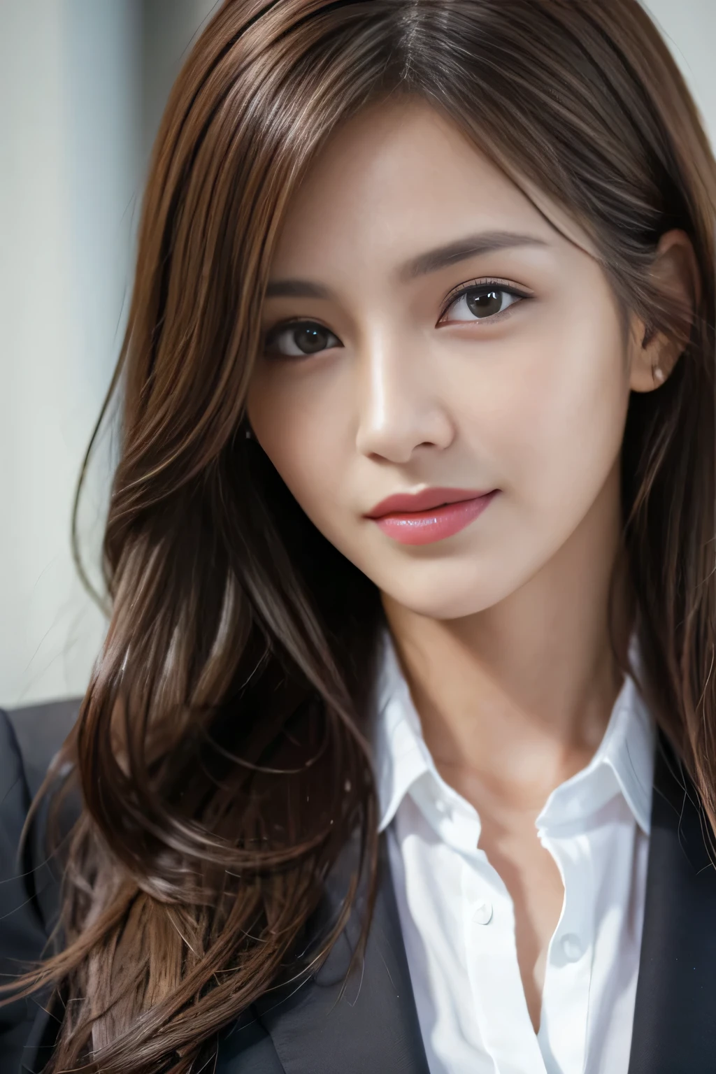 table top, highest quality, realistic, Super detailed, finely, High resolution, 8k wallpaper, 1 beautiful woman,, light brown messy hair, wearing a business suit, sharp focus, perfect dynamic composition, finely beautiful eyes, thin hair, Detailed and realistic skin texture, smile, close-up portrait, model body shape