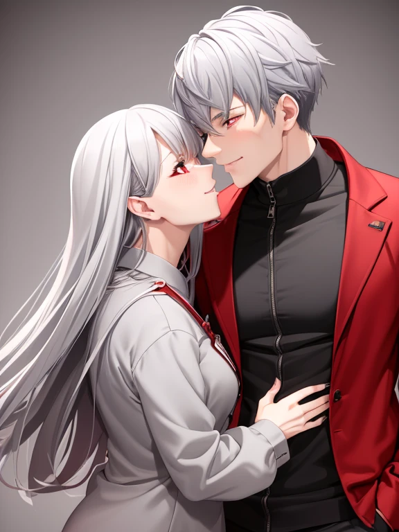 red eyes,details:1.5,(best quality,8k,highres,masterpiece:1.2),ultra-detailed, Foxy boy with grey hair,evils smile,casual clothes,Foxy girl with silver hair,feminine,blushing cheeks,near kiss