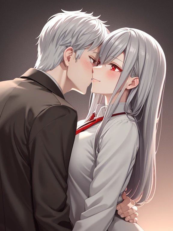 red eyes,details:1.5,(best quality,8k,highres,masterpiece:1.2),ultra-detailed, Foxy boy with grey hair,evils smile,casual clothes,Foxy girl with silver hair,feminine,blushing cheeks,near kiss