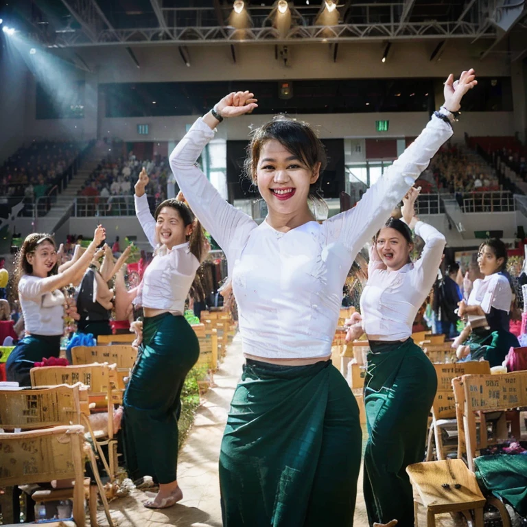 3 teachers dancing in front of students, school assembly festival, lively atmosphere, energetic movements, upbeat music, colorful costumes, enthusiastic audience, happy faces, cheering and clapping, exciting performance, joyful celebration, vibrant stage lights, festive decorations, unforgettable experience, memorable event, (best quality, highres, ultra-detailed, realistic:1.37), dynamic poses, visually stunning, professional dance routines, inspiring and motivating, fun-filled atmosphere, united and synchronized movements, impressive choreography, cheerful ambiance, entertainment for all ages, positive energy, creative expression, boundless talent and passion, enjoyment and laughter, inspiring the students with their performance, showing the beauty of teamwork and coordination, expressing their love for dance, creating lasting memories for everyone.