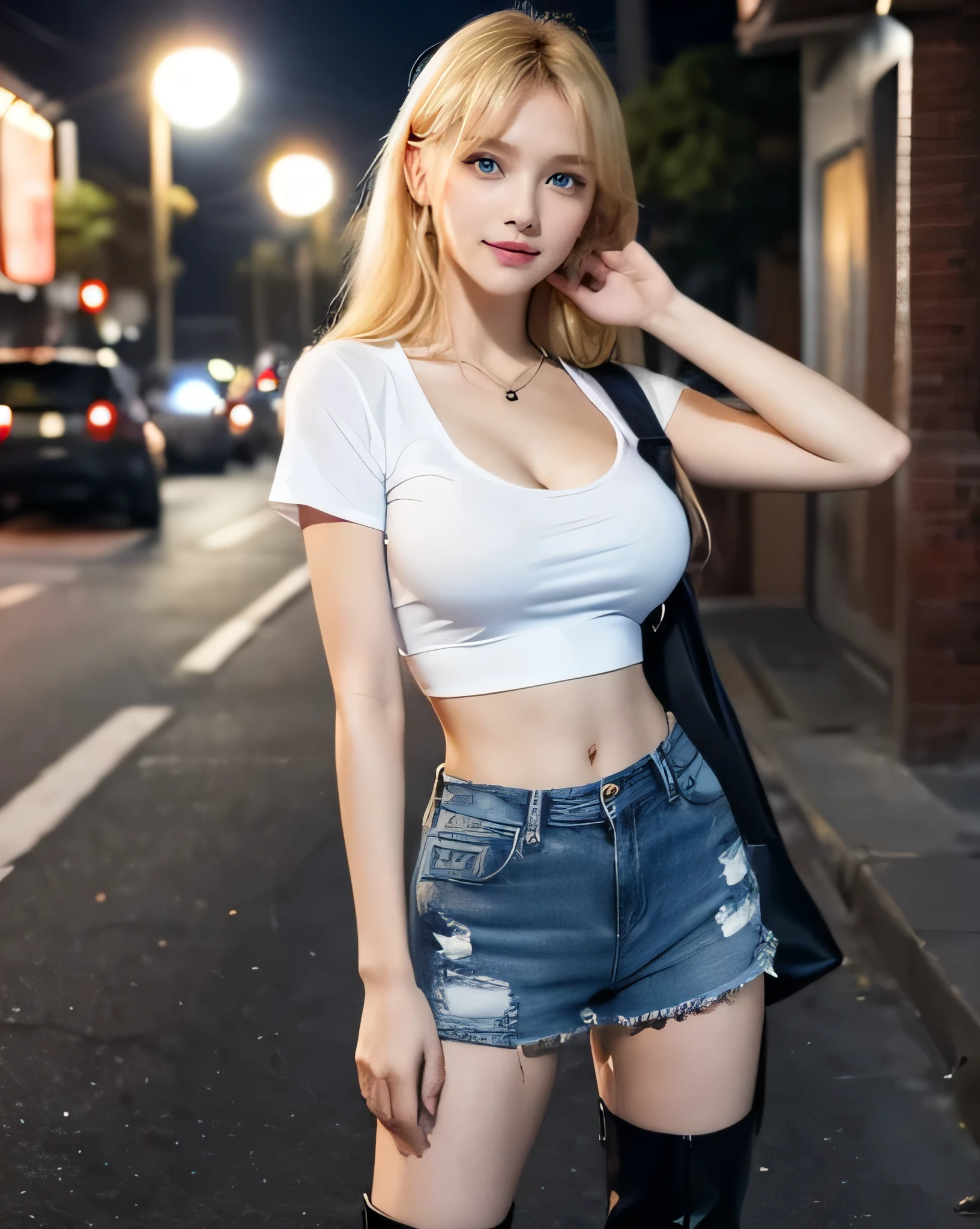 1 girl, (blue eyes), (smile), (Sana Minatozaki), wide hips, big , big ass, (highest quality, 8K, masterpiece: 1.3), perfect hands, clear focus: 1.2, perfect body beauty: 1.4, thin abs: 1.2, Highly detailed face and skin texture, fine eyes, double eyelid, (blonde long hair), (White t-shirt with cleavage), (black long boots :1.3), (Torn denim shorts :1.1), Are standing, cute pose, Neighborhood at night with signs lit up