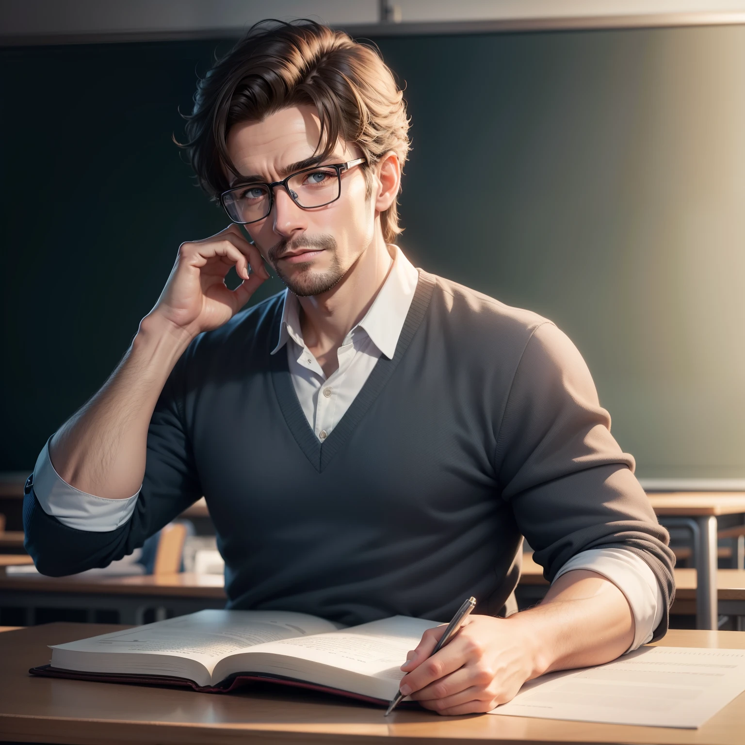 Hyper-realistic design, 8k image quality is extremely rich in details, A man who looks 30 years old, Teacher with glasses, In a classroom with a blackboard in the background.