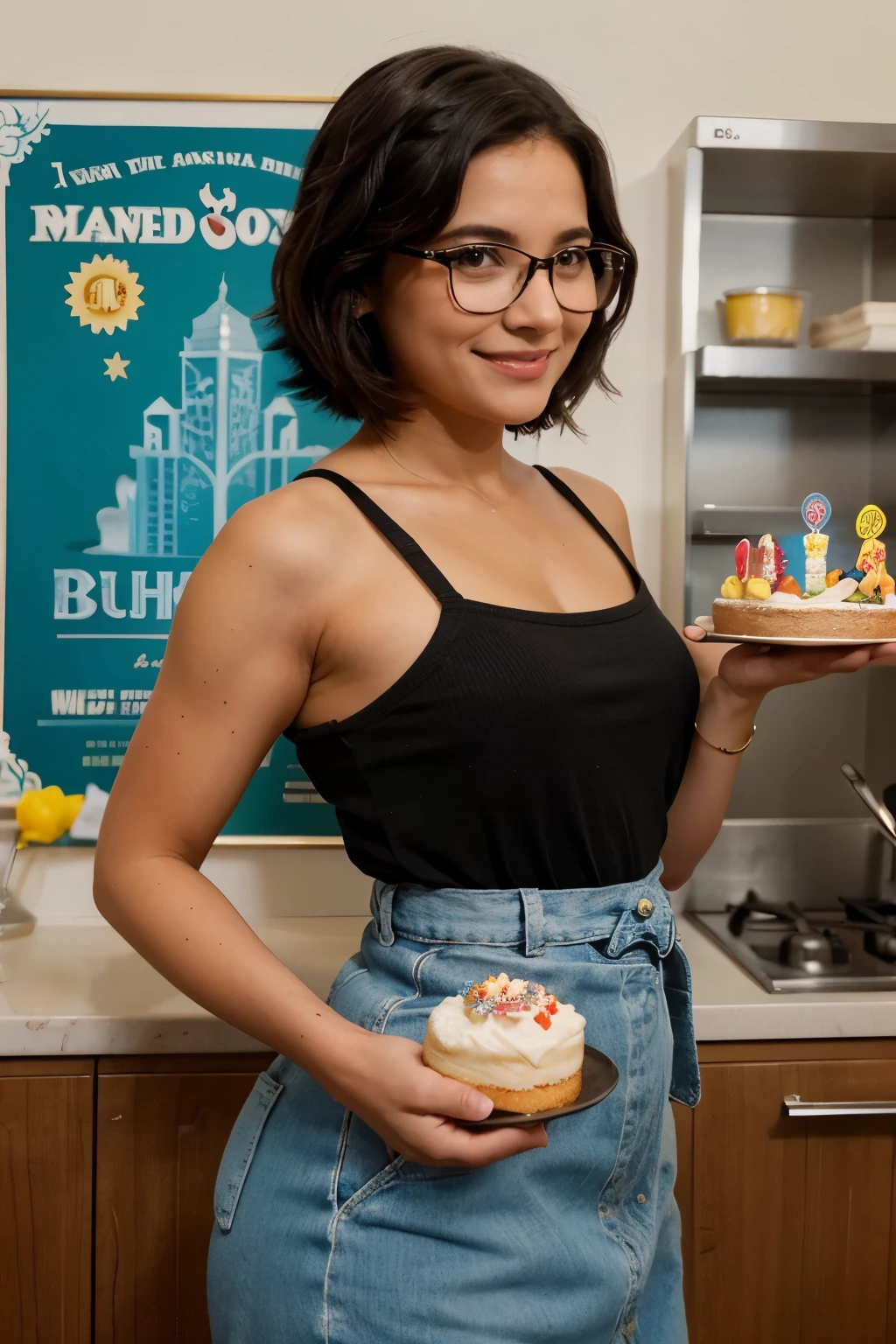 Create a Disney-style poster featuring a 40-year-old female character, Behind women&#39;s framed glasses, cabelos cor preto comprido  sorriso feliz, queixo pequeno, . O cabelo deve ser liso , Caiu um pouco dos ombros. Roupa de confeiteira. Holding a small birthday cake in a pastry kitchen.