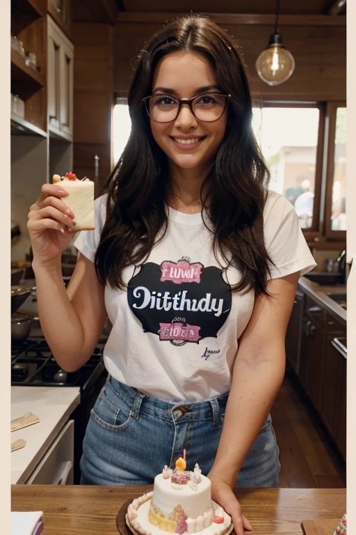 Create a Disney-style poster featuring a 40-year-old female character, Behind women's framed glasses, cabelos cor preto comprido sorriso feliz, queixo pequeno, . O cabelo deve ser liso , Caiu um pouco dos ombros. Roupa de confeiteira. Holding a small birthday cake in a pastry kitchen.