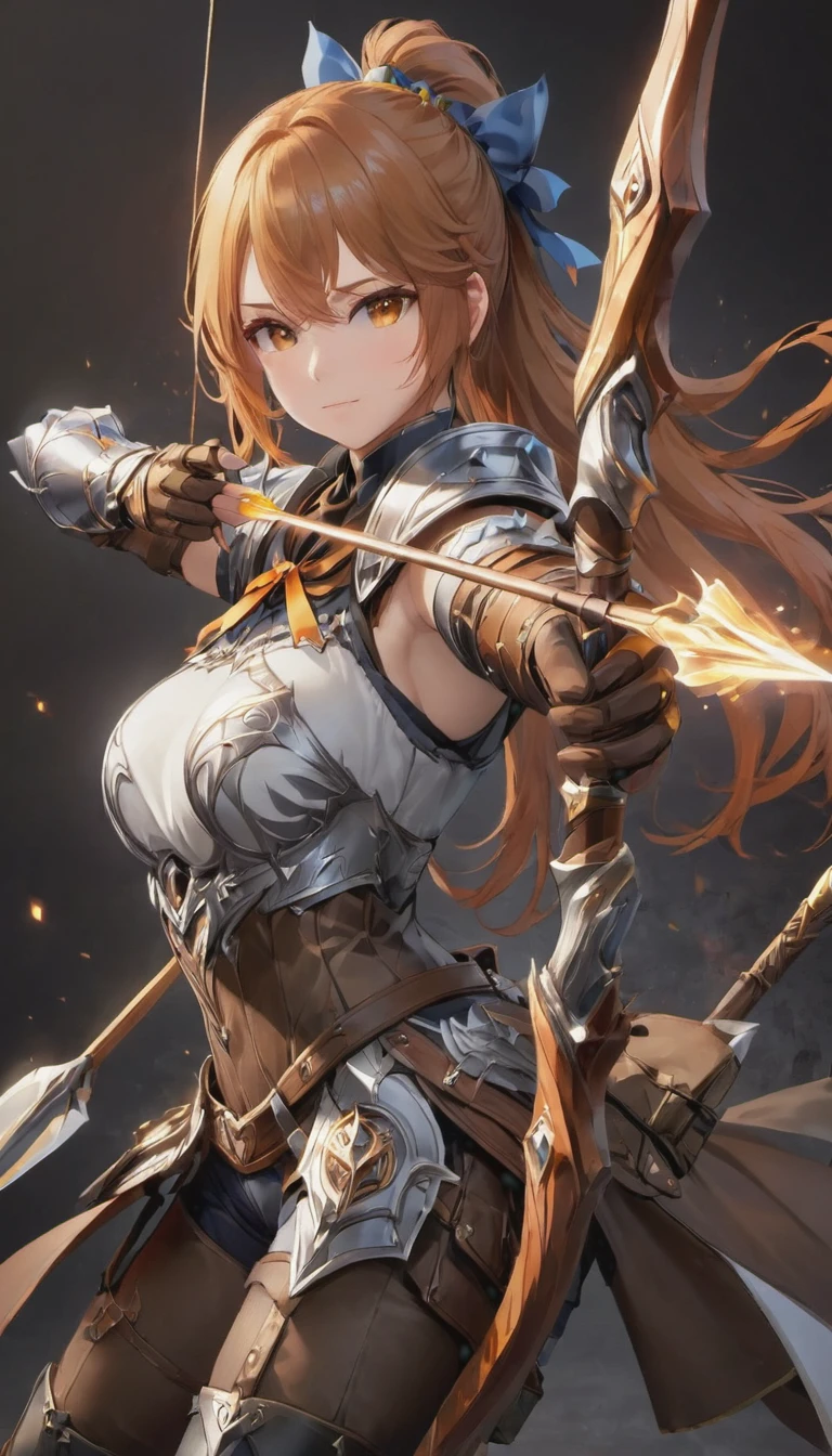 1girl, solo, shield, weapon, thighhighs, polearm, gloves, boots, long-hair, black-background, armor, brown-gloves, ponytail, orange-hair, full-body spear, ribbon, holding, simple-background, holding-weapon, looking-at-viewer, hair-ribbon, black-thighhighs, brown-footwear, smile, brown-eyes, shirt, yellow-eyes, standing, shorts, knee-pads, blue-ribbon, belt, shoulder-armor, white-shirt, vest, ((Spear and Shield)), ((big boobs) 1.2)