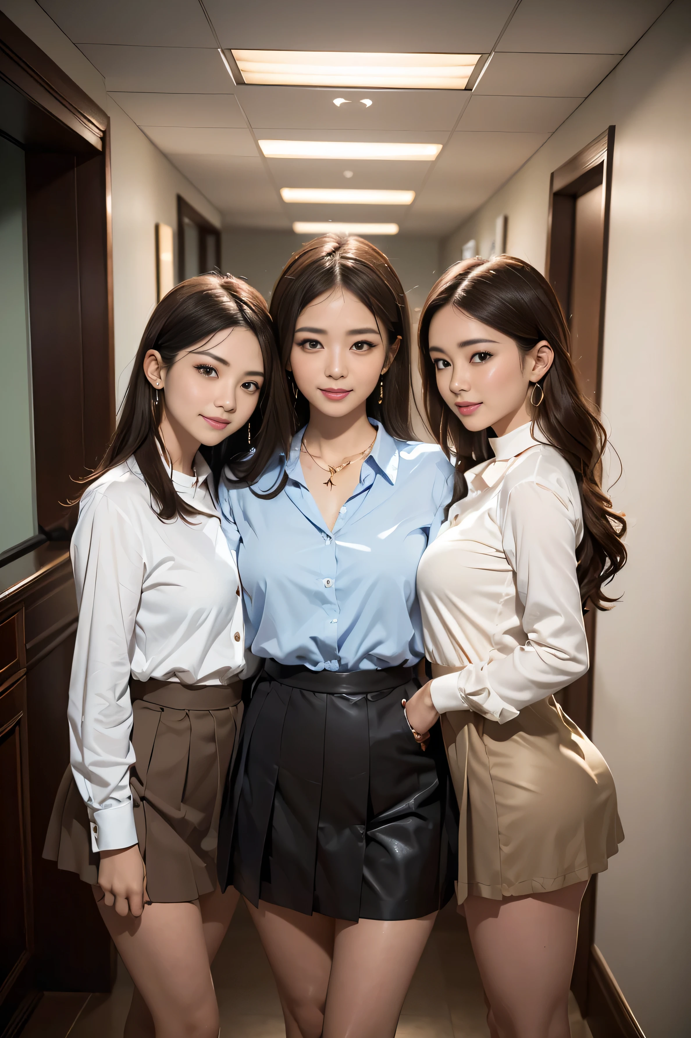 (masterpiece:1.3), high resolution, ultra detailed, extremely detailed CG unity 8k wallpaper, realistic, photo-realistic, RAW photo,beautiful detailed face, pale skin, realistic glistening skin, detailed cloth texture, detailed hair texture, Perfect body, Beautiful Face, accurate, Anatomically correct, Highly detailed face and skin texture, natural neck length, (beautiful hands), (fair skin:1.2), Thin legs, Thin feet, Detailed eyes, symmetric eyes, Light Brown eyes, Double eyelids, Thin eyebrows, (Glossy lips:1.4), ((gently smile:1.2)), (blush:1.1),(highest quality, masterpiece, photo-realistic, super detailed, ultra high resolution, born:1.3), (3 girls:1.６), beautiful, Japanese, mature, 28yo, Office workers, (smile), (bangs), (((Strongly blurred beautiful office corridor background:1.1)、The most natural and perfect office hallway、perfectly organized hallway、), (long legs, high heels, full body:1.2), (big breasts:1.3), (crowd)((white long sleeve button up blouse_with collar_Remove up to the second button＿brown pleated mini skirt:1.3)),((Super long brown hair:1.2))((Hair with loose waves inside:1.2)),((shy smile:1.3)),((gold necklace＿Large earrings:1.2))