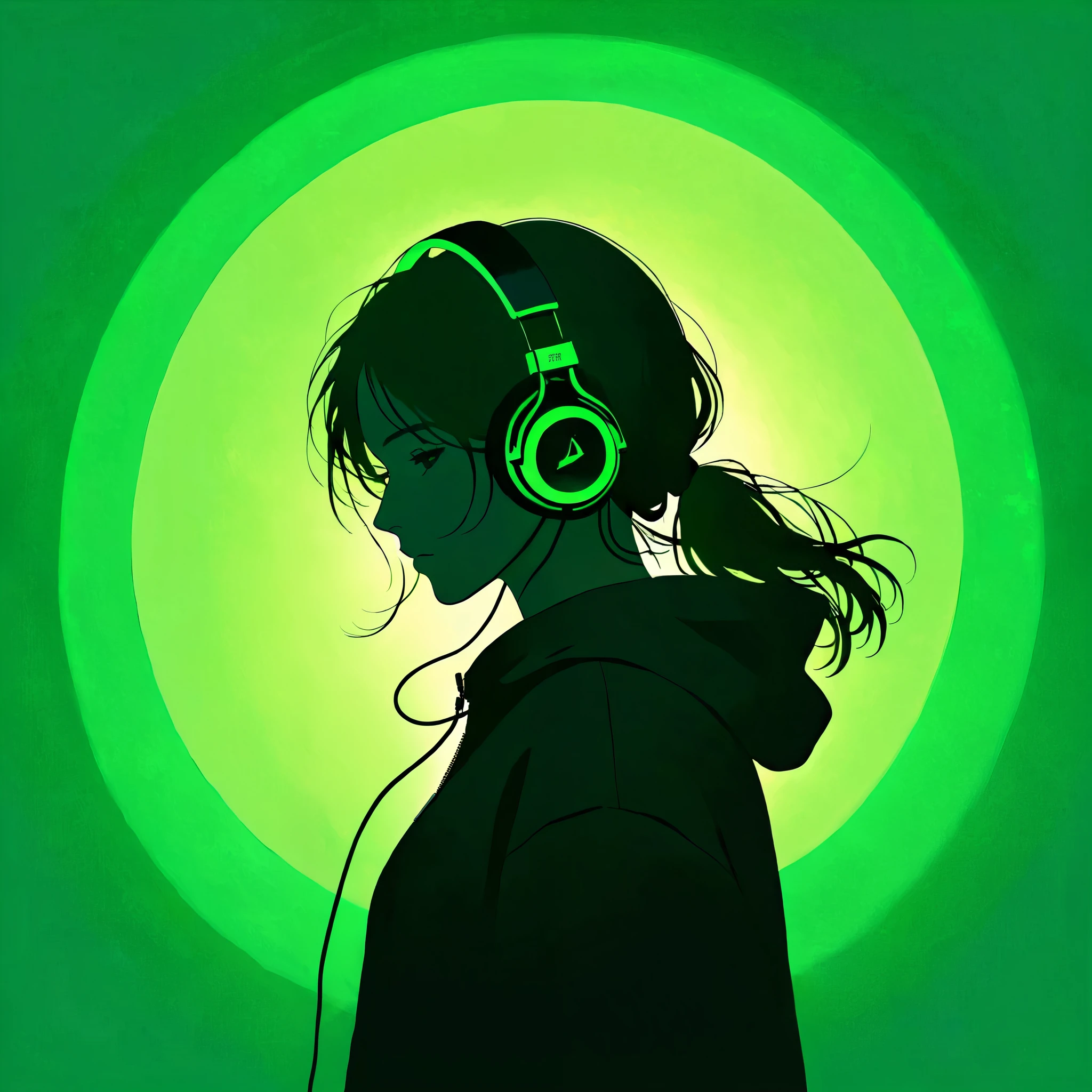 1girl, solo, headphones, hoodie, silhouette, green theme, low saturation,silhouette，darkness