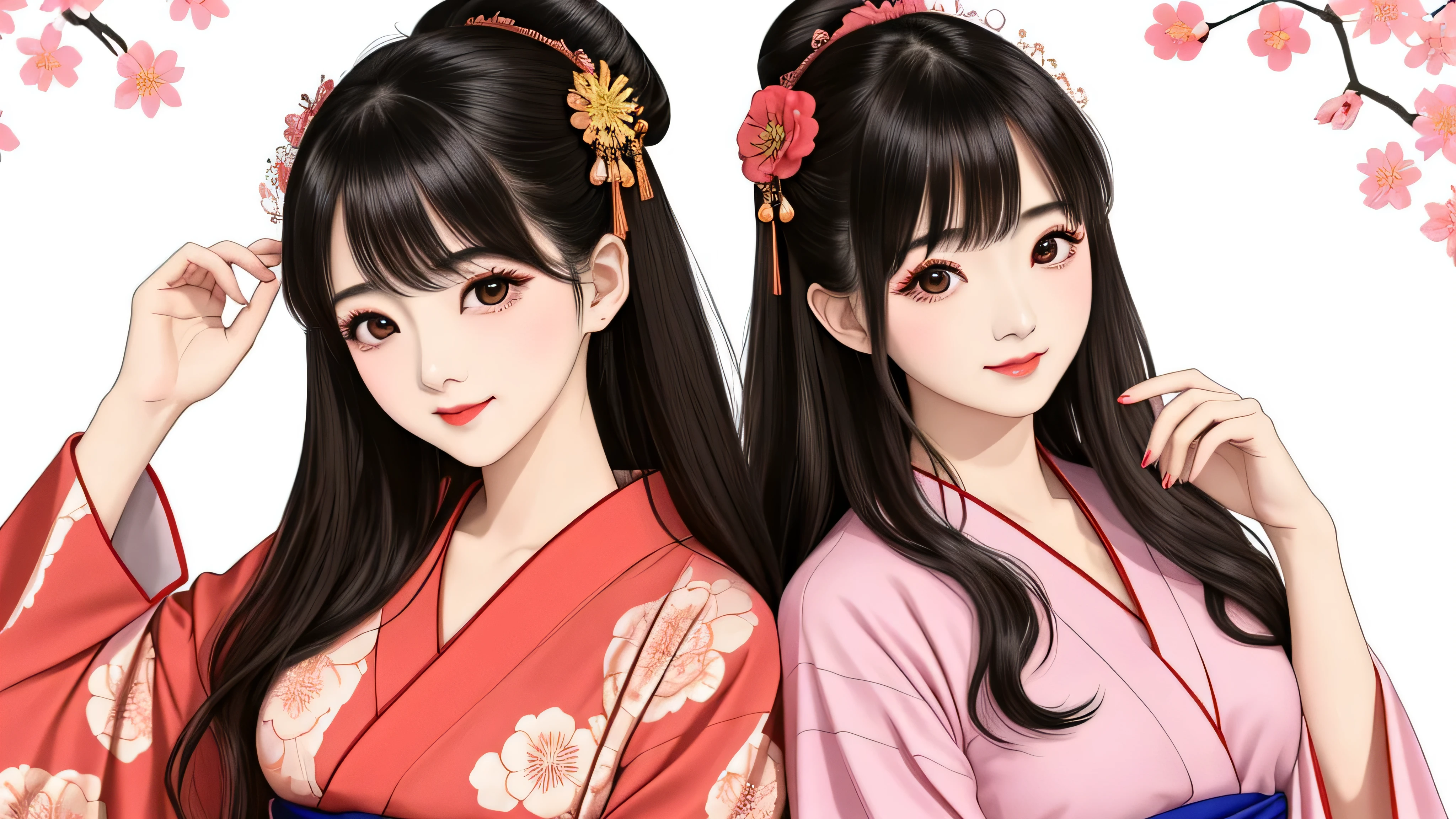 Each has a different expression２People and sisters、(２ girls）、｟Dancing traditional performing arts gracefully)、((big breasts、small face、not exposed))、highest quality、masterpiece、（black hair、Bun Hair）、brown eyes、｟wide angle、Angle from above, from the waist up、Pause on the magazine cover、Each person has a different perspective when looking into the distance｠、(８K high quality、masterpiece、High resolution、Realistic and beautiful light and shadow、(highest quality)、(high resolution)、(very delicate and beautiful)、(beautiful 8k face)、(Close your eyes while smiling、Beautiful eyes)、(Transparent skin)、(soft hair)、(８head and body)、(Japanese-style yukata kimono with red, pink, and orange floral patterns on a white background, mixed with gold powder、wearing a yukata２Japanese beautiful girl)、((tanabata decoration background))、((small face))、(arms up)、thin and small nose、（red lipstick）、（make cheeks red）、（Glossy skin）、((Ink painting style))、extremely thin eyebrows、Overall super high quality、（She wears maiko-style makeup）、Whitening、long and beautiful eyelashes、Glossy skin、（red cheeks）,straight nose、masterpiece、highest quality、whole body、 eyebrows visible through hair、Bun Hair、grin、gal、Kogal、Viewer&#39;s perspective、Plaid、Fashionable、woman、fine、Pause、
Waiting to start 
