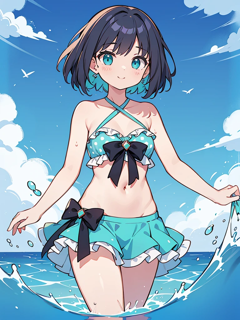 a girl standing in shallow ocean water under a clear blue sky. She has a sun-kissed complexion and an emerald green bob cut hair. She is wearing a two-piece swimsuit with a strap around the neck; the top is bandeau-style with a halter neck strap, featuring a aqua bule color with white polka dots. The top has a sweetheart neckline, accentuated with a small frilly detail along the edge, and it is underwired, providing structure. The matching bottoms have a similar frilly detail along the waistline. Her posture is relaxed yet playful as she gently touches her midriff with both hands, and she offers subtle smile, her head tilted slightly to the side, adding a sense of approachability to her demeanor, high contrast, clean lines, digital painting, vivid colors