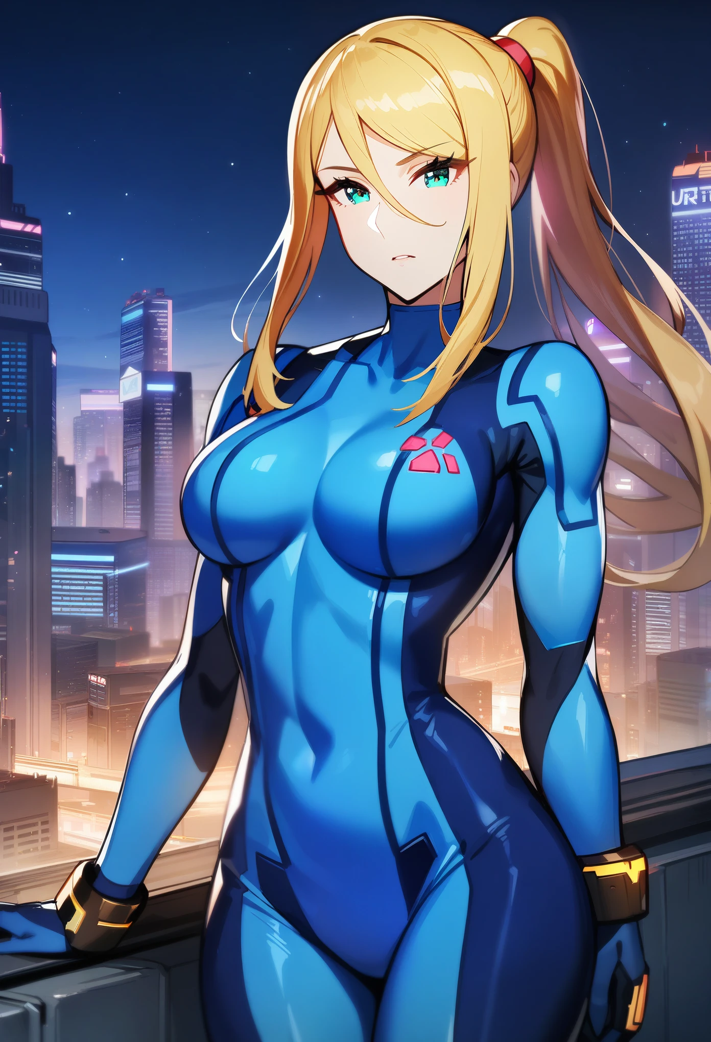 1girl,Samus aran,solo,green eyes,blonde hair,defSamus,, bodysuit, blue clothes, blue pants,cowboy shot,night city,Science fiction,ultra-detailed,sharp focus,aesthetic,(best quality)