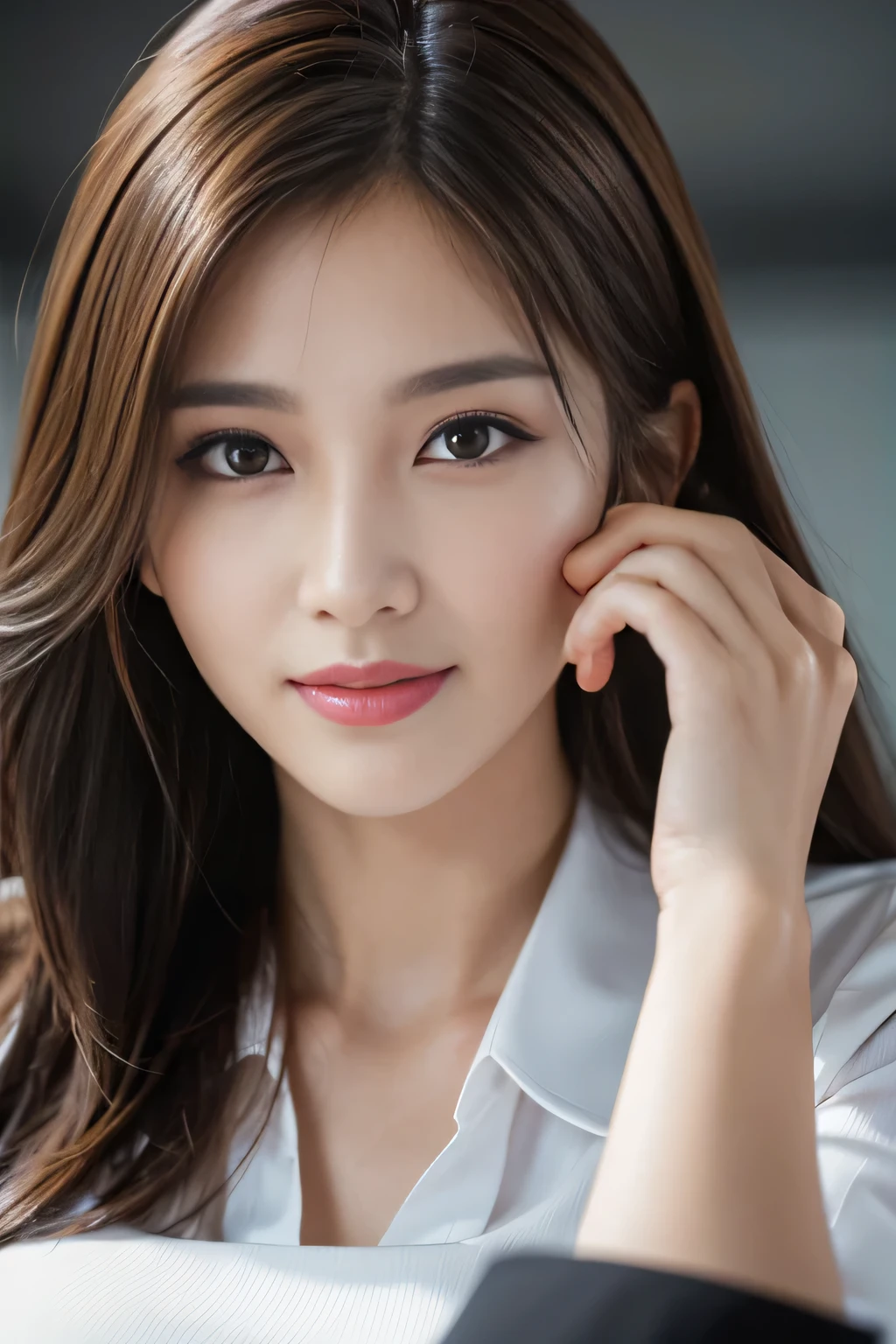 table top, highest quality, realistic, Super detailed, finely, High resolution, 8k wallpaper, 1 beautiful woman,, light brown messy hair, wearing a business suit, sharp focus, perfect dynamic composition, finely beautiful eyes, thin hair, Detailed and realistic skin texture, smile, close-up portrait, model body shape