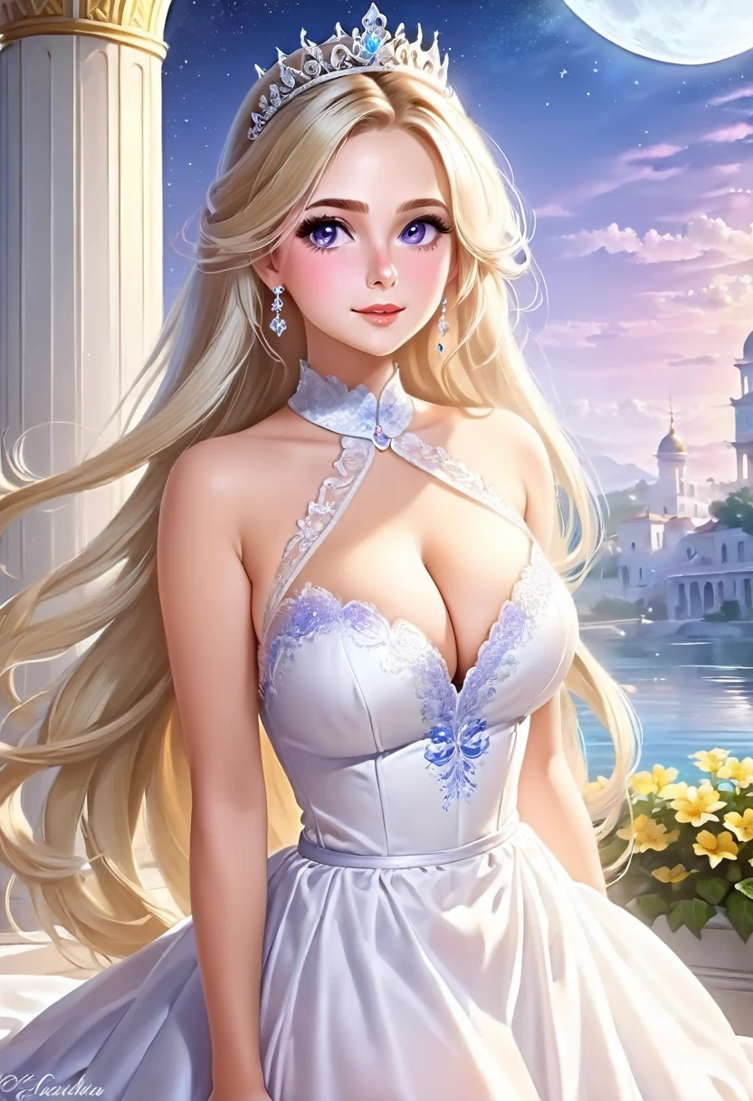 Cristalina, 20 years old, huge breasts, long blonde hair, light lilac eyes, wearing a sexy white dress. Cristalina is the most beautiful in her palace, everyone looks at her with her beautiful body because her job as a princess is to make everyone in her kingdom happy with the light. of Moon