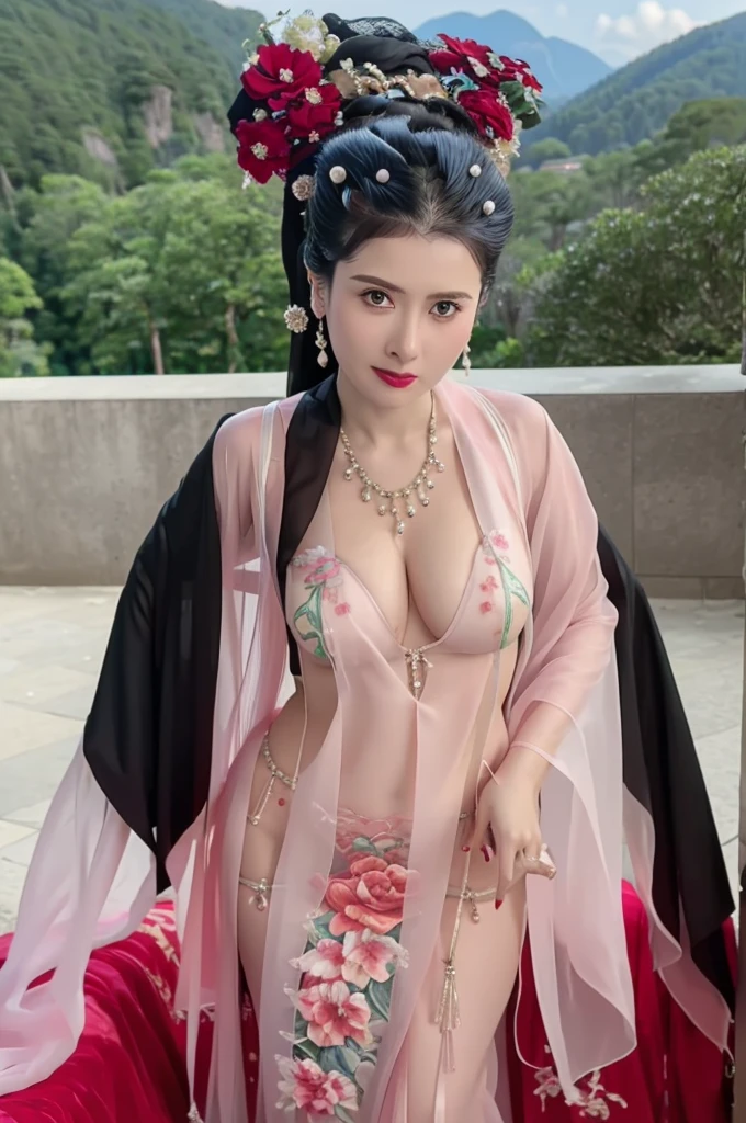 a girl,Fashion model 28 years old ,Perfect skin,fair skin,(beautiful five fingers),(big breasts),(Siamese transparent black silk),,Keep your eyes on the camera,Body-oriented camera,A delicate face,Raised sexy,Slim,breast enlargement,hip fat,Show leg length,(full-body shot),The background is a mountain with green trees,flowers,4k ultra high definition, ultra high resolution, (lifelike: 1.4), best quality,masterpiece,(pastel colors:1.2),(Bottom front view 1.8)
