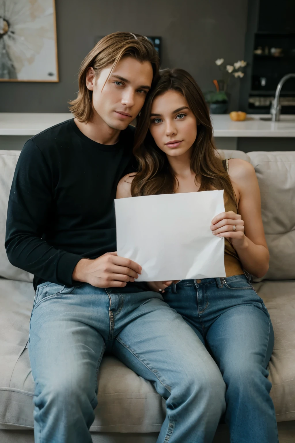 man and woman, couple, blonde woman, brunette man, they are sitting on the couch, realism, the man is holding a piece of paper showing it to the camera, man in jeans, mas holding a medium size sulphite sheet and showing to the viewer