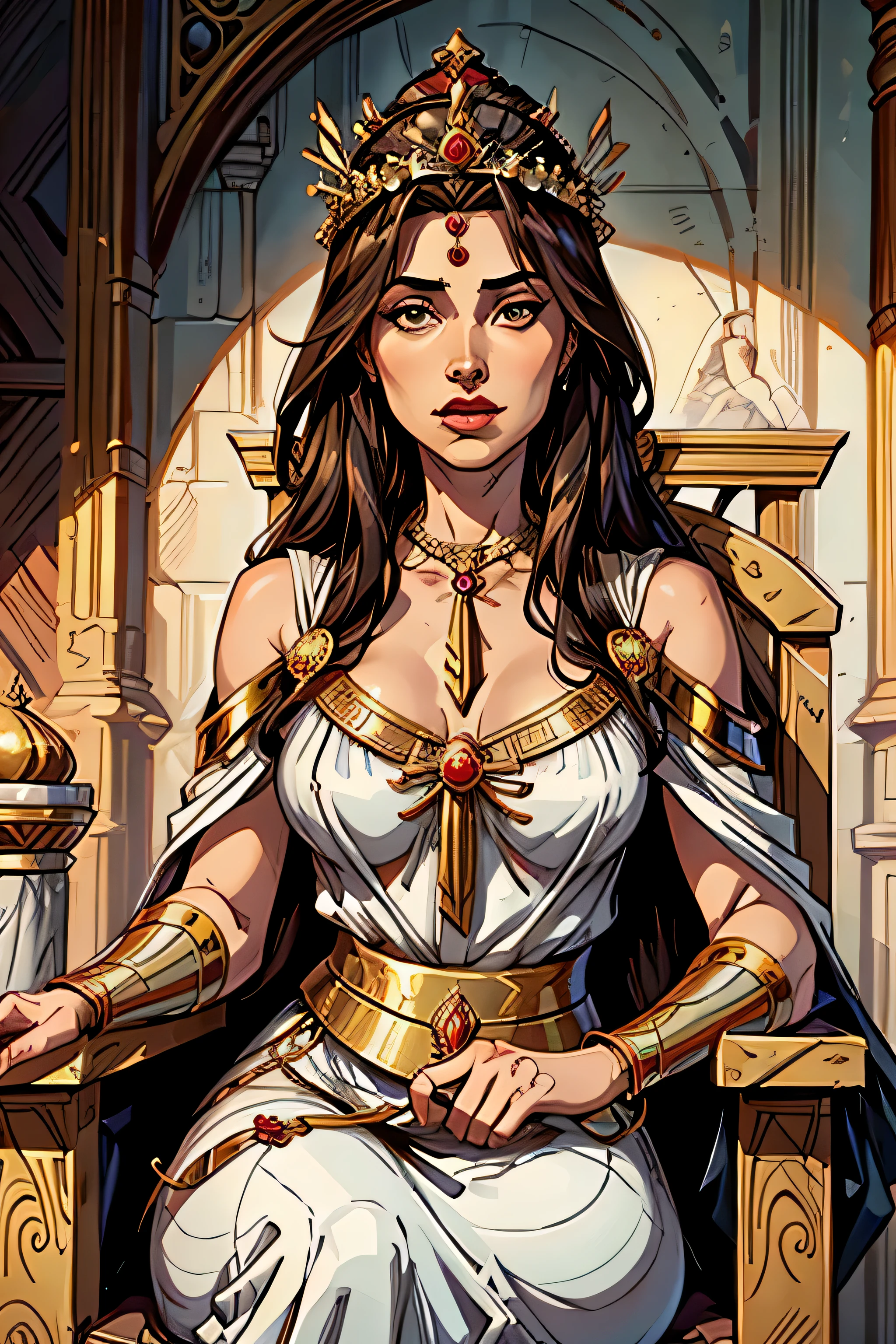 best quality image, woman 40 years old, biblical style queen, long dark hair, intriguing look, wearing priestess clothes, full of jewelry on her neck and hands, with a crown on her head, sitting on a biblical style throne, with nothing in her hands , queen jezebel, biblical style, Hebrew, biblical character