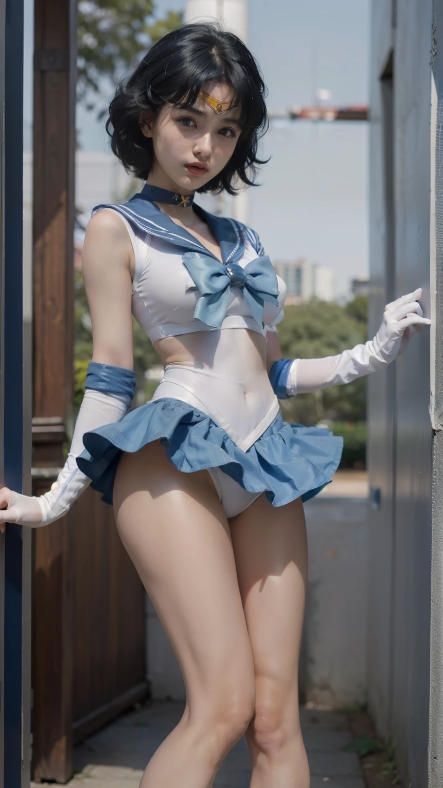 arafed asian woman in a tight white sailor uniform and tiny blue skirt posing for a photo, very sexy pose, elegant seducing pose, sexy look, sultry body, anime girl cosplay, ((tiny blue miniskirt|plaid miniskirt)), ((huge breasts|white sailor uniform)) ((white sailor shirt|blue collar|blue bow)), ((long blue boots|high heels|knee-high)), ((long white gloves|blue stripes)), ((blue choker|sapphire)), ((wearing a golden tiara on forehead)), ((long slender legs)), ((tiny white thong)), 2 4 old female model, beautiful alluring teen, model with attractive body, sexy body, gorgeous young korean woman, beautiful feminine body, gorgeous young model, young sensual graceful, gorgeous chinese model, ((curly bangs)), ((very dark short hair)), ((black hair in a rough shag)), wavy hair, (masterpiece:1.3), high resolution, ((sailor mercury)),((outdoors,park,bright and sunny))