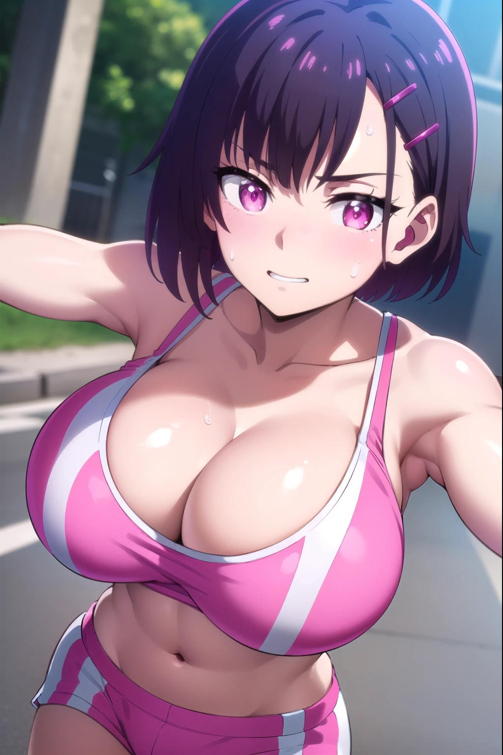 ShizukaMikazuki, Shizuka Mikazuki, short hair, purple hair, hair ornaments, hair clip, (pink eyes:1.5), flowing bangs,(large athletic breast:1.2),busty,full bust,((toned stomach)), well endowed ,slender,delicate,She&#39;s skinny but has big breasts ,((Skinny Body)),breath,sweat, smirk,(nose blush),heart-shaped pupils,((running)),(Emphasize cleavage)
break navel,tired, ((sweaty)),sportswear, shorts, pink shorts,
break looking at viewer,
break outdoors,
break (masterpiece:1.2), highest quality, High resolution, unity 8k wallpaper, (figure:0.8), (detailed and beautiful eyes:1.6), highly detailed face, perfect lighting, Very detailed CG, (perfect hands, perfect anatomy),breast close-up