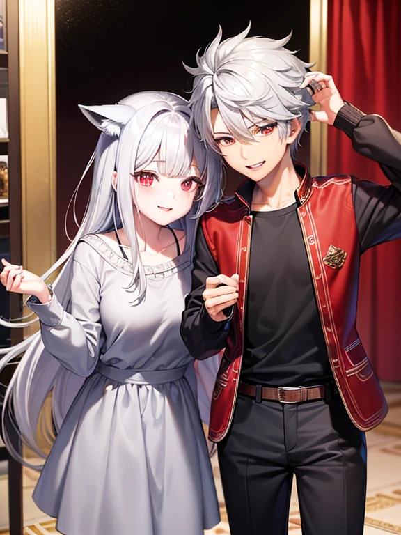 red eyes,details:1.5,(best quality,8k,highres,masterpiece:1.2),ultra-detailed, Foxy boy:1.1, with grey hair,evils smile,casual clothes,Foxy girl:1.1, with silver hair,feminine,blushing cheeks,near kiss