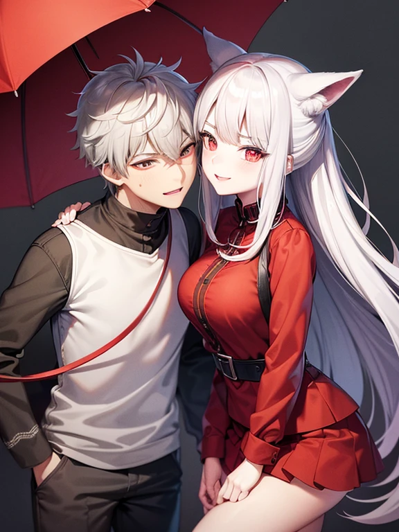 red eyes,details:1.5,(best quality,8k,highres,masterpiece:1.2),ultra-detailed, Foxy boy:1.1, with grey hair,evils smile,casual clothes,Foxy girl:1.1, with silver hair,feminine,blushing cheeks,near kiss