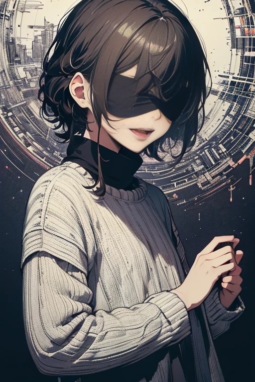 (masterpiece, top quality, best quality, official art, beautiful and aesthetic:1.2),
blindfold, solo, 1girl, open mouth, short hair, long sleeves, bangs, smile, upper body, bandages, shirt,
extreme detailed,highest detailed, optical mixing, playful patterns, lively texture, unique visual effect