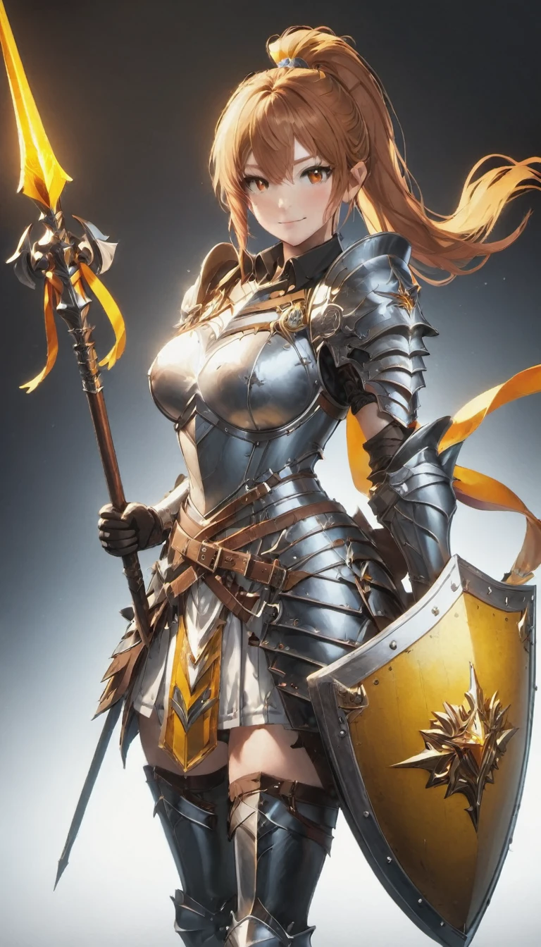 1girl, solo, shield, weapon, thighhighs, polearm, gloves, boots, long-hair, black-background, armor, brown-gloves, ponytail, orange-hair, full-body spear, ribbon, holding, simple-background, holding-weapon, looking-at-viewer, hair-ribbon, black-thighhighs, brown-footwear, smile, brown-eyes, shirt, yellow-eyes, standing, shorts, knee-pads, blue-ribbon, belt, shoulder-armor, white-shirt, vest, ((Spear and Shield)), ((big boobs) 1.2)