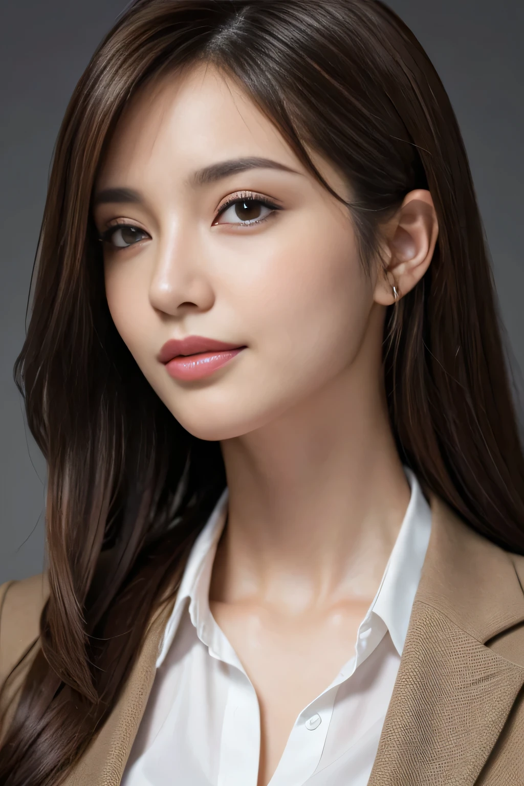 table top, highest quality, realistic, Super detailed, finely, High resolution, 8k wallpaper, 1 beautiful woman,, light brown messy hair, wearing a business suit, sharp focus, perfect dynamic composition, finely beautiful eyes, thin hair, Detailed and realistic skin texture, smile, close-up portrait, model body shape