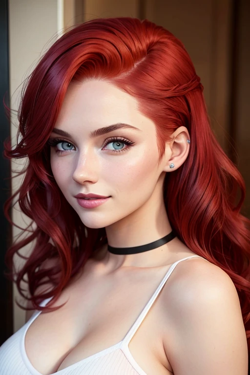 20 year old girl, ((portrait)), mature face, blue eyes, thin eyebrows, nose defined, lipstick staining her lips, smiling, white teeth, sexy look, (wavy, red to crimson gradient hair, with pink undercut, red hair roots), very tall, big breasts, looking directly at the camera, UHD, showing off her shoulders and neck, wearing casual clothing that complements her hair color, showing some cleavage, is a Instagram influencer, anatomically correct, expressing confidence and allure