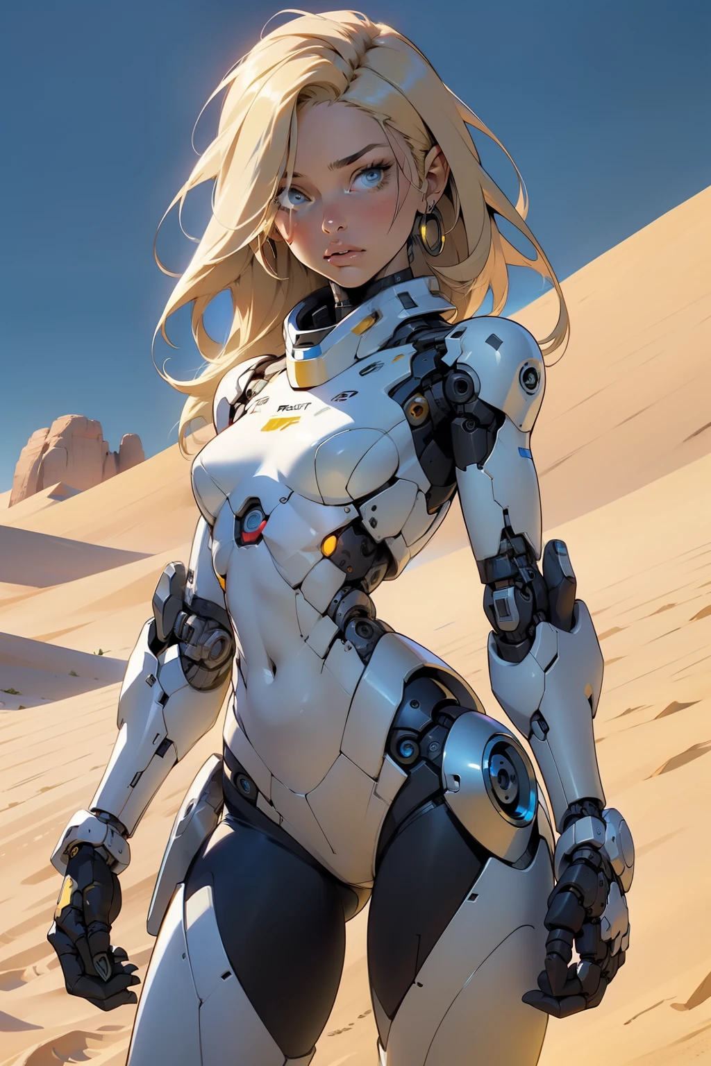 high quality, 4k, masterpiece, beautiful, cyborg girl, cowboy shot, dull eyes, looking at viewer, long blonde hair, girl, small breasts, slim thighs, robotic arms, robotic body, cyborg body, yellow accent, intricate detail, joint, detailed lines, robotic detail, holding fist up, holding hand up as fist, color robotic parts, robotic parts with color, perfect fingers, on a desert planet, sunny background, colorful desert,