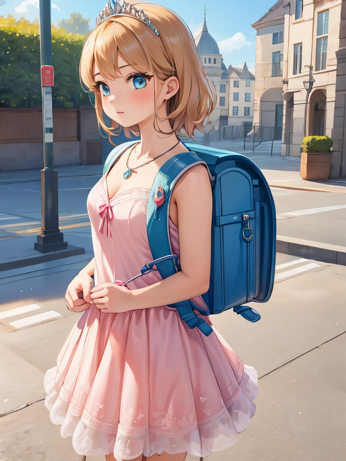 Masterpiece, hd, realistic, 1girl, blonde hair, medium hair, standing, wear princess costumes, wear tiara, diamond necklaces, outdoor, carries randoseru backpack, (randoseru backpack:1.1)