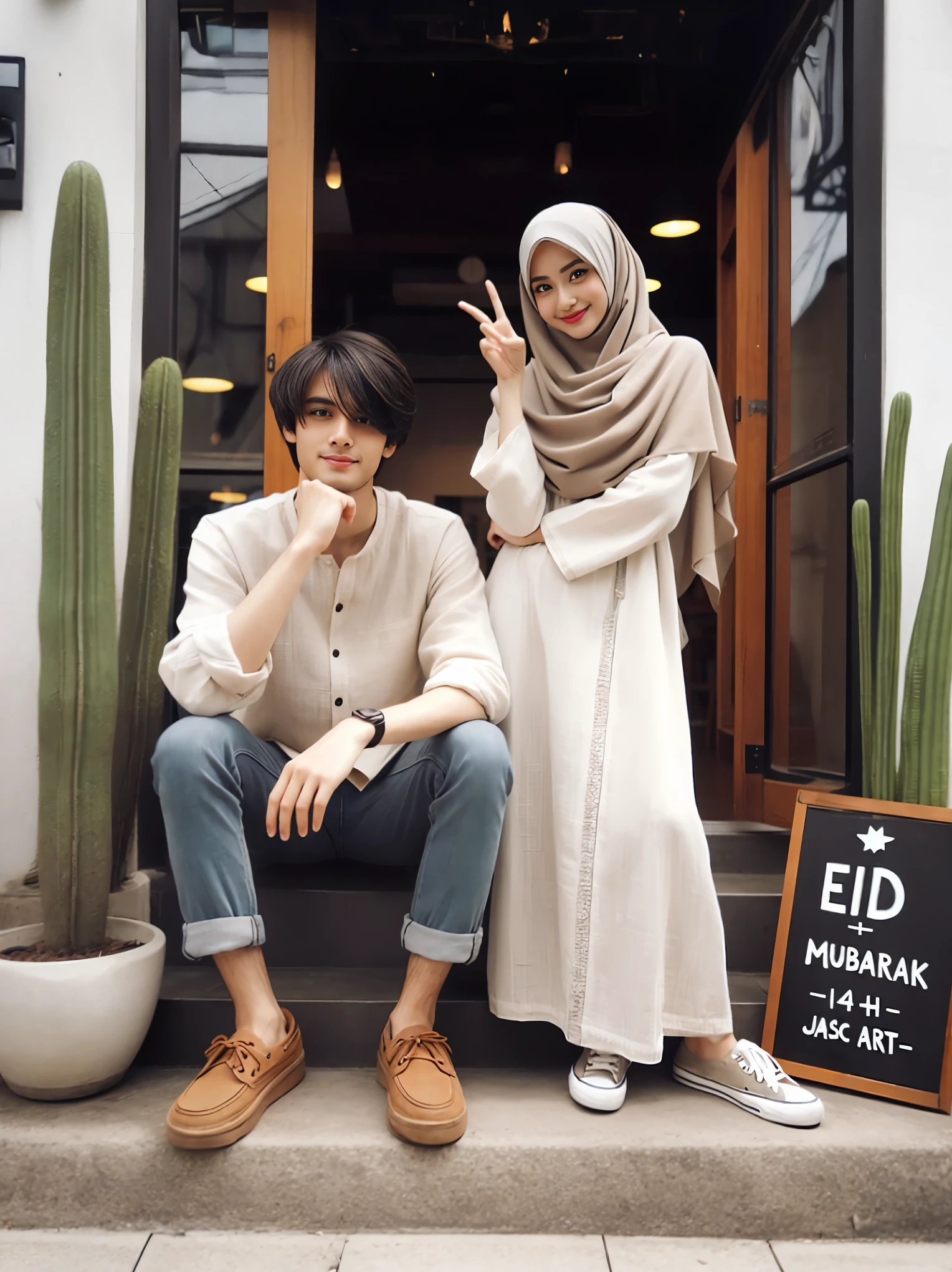 they are sitting on the steps of a building with a sign, couple pose, lovely couple, happy couple, white hijab, couple, ๐ญ๐คฎ ๐, wearing correct era clothes, ๐คฌ ๐คฎ ๐ ๐, full body photogenic shot, style of ade santora, casual clothing style, casual modern clothing, hijab, โจ๐๐, on a street